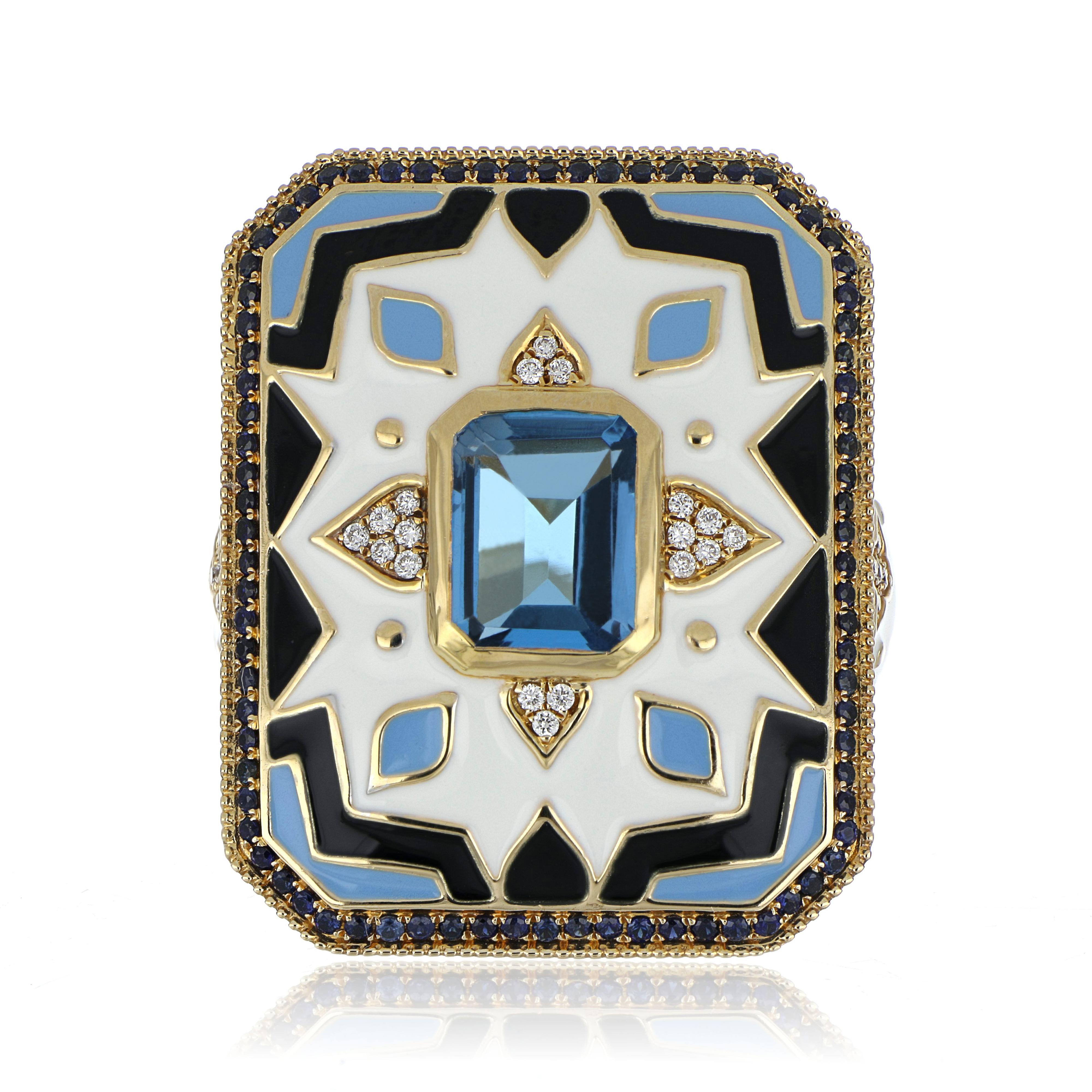 Blue Topaz, Sapphire Studded Enamel Ring with Diamonds in 14 Karat Gold For Sale 4