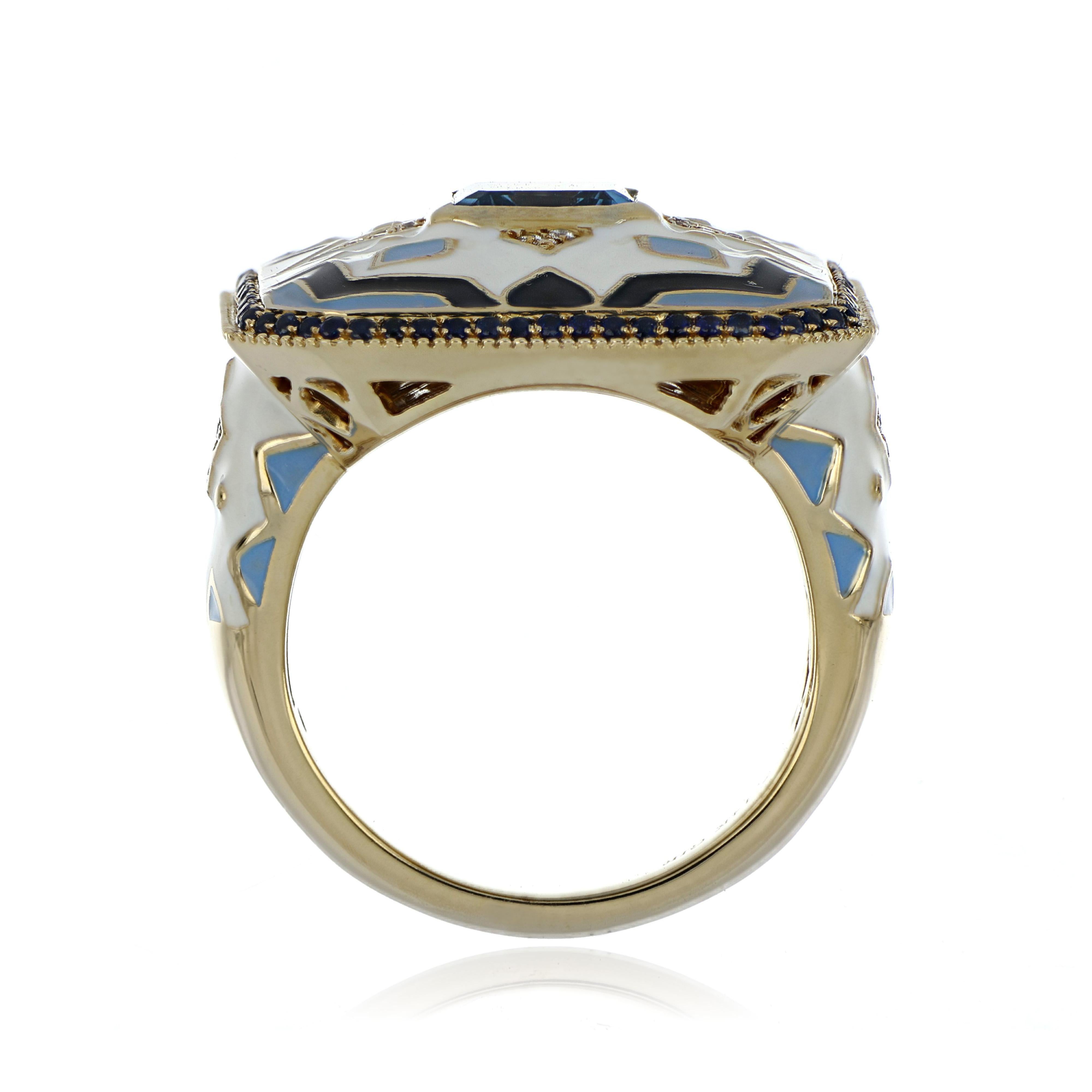 Blue Topaz, Sapphire Studded Enamel Ring with Diamonds in 14 Karat Gold For Sale 6