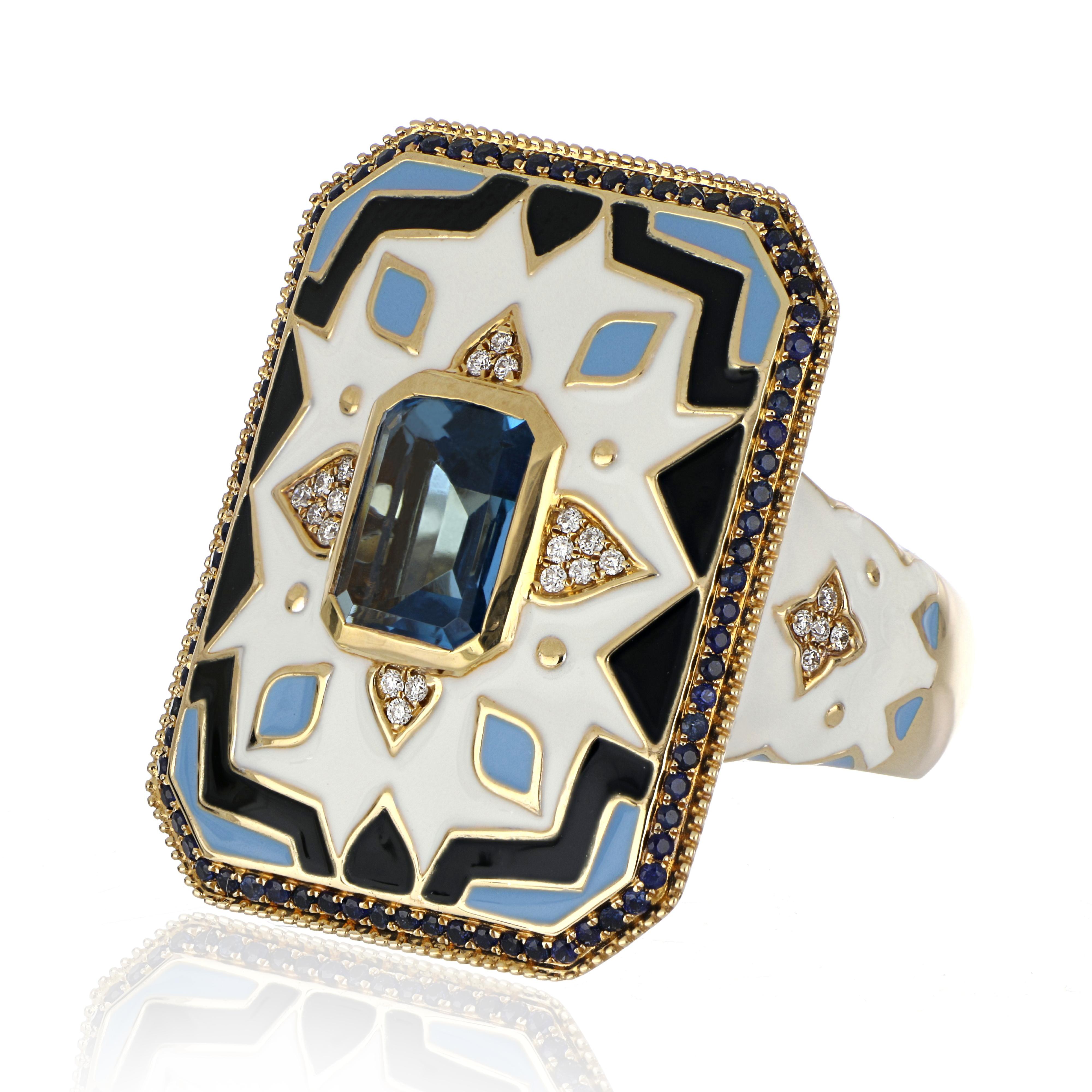 Elegant and exquisite Enamel Cocktail 14 K Ring, center set with 2.77 Cts. Octagon Cut Swiss Blue Topaz. Surrounded with Blue Sapphire Rounds 0.36 Cts. accented with Diamonds, weighing approx. 0.10 cts. Beautifully Hand crafted in 14 Karat Yellow