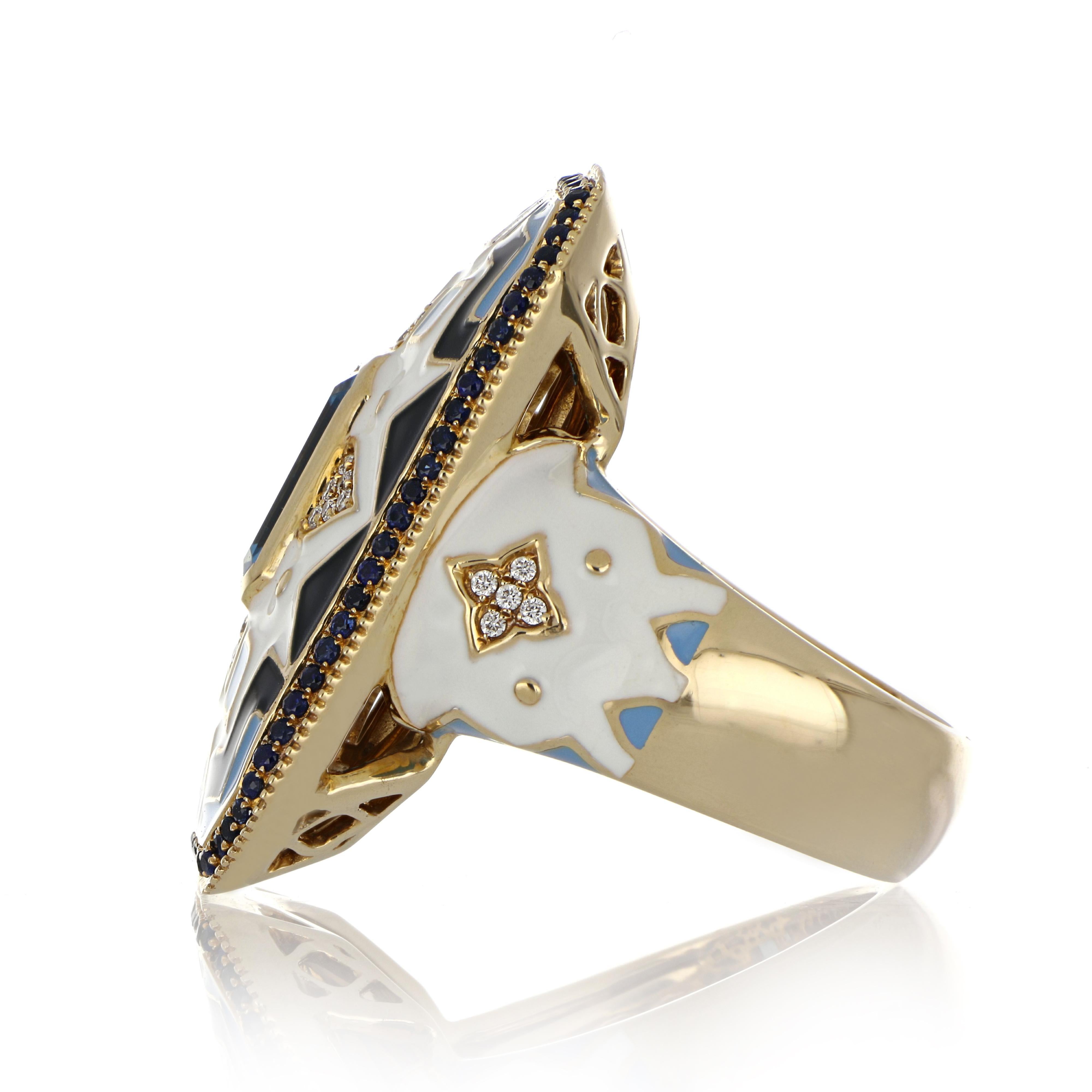 Contemporary Blue Topaz, Sapphire Studded Enamel Ring with Diamonds in 14 Karat Gold For Sale
