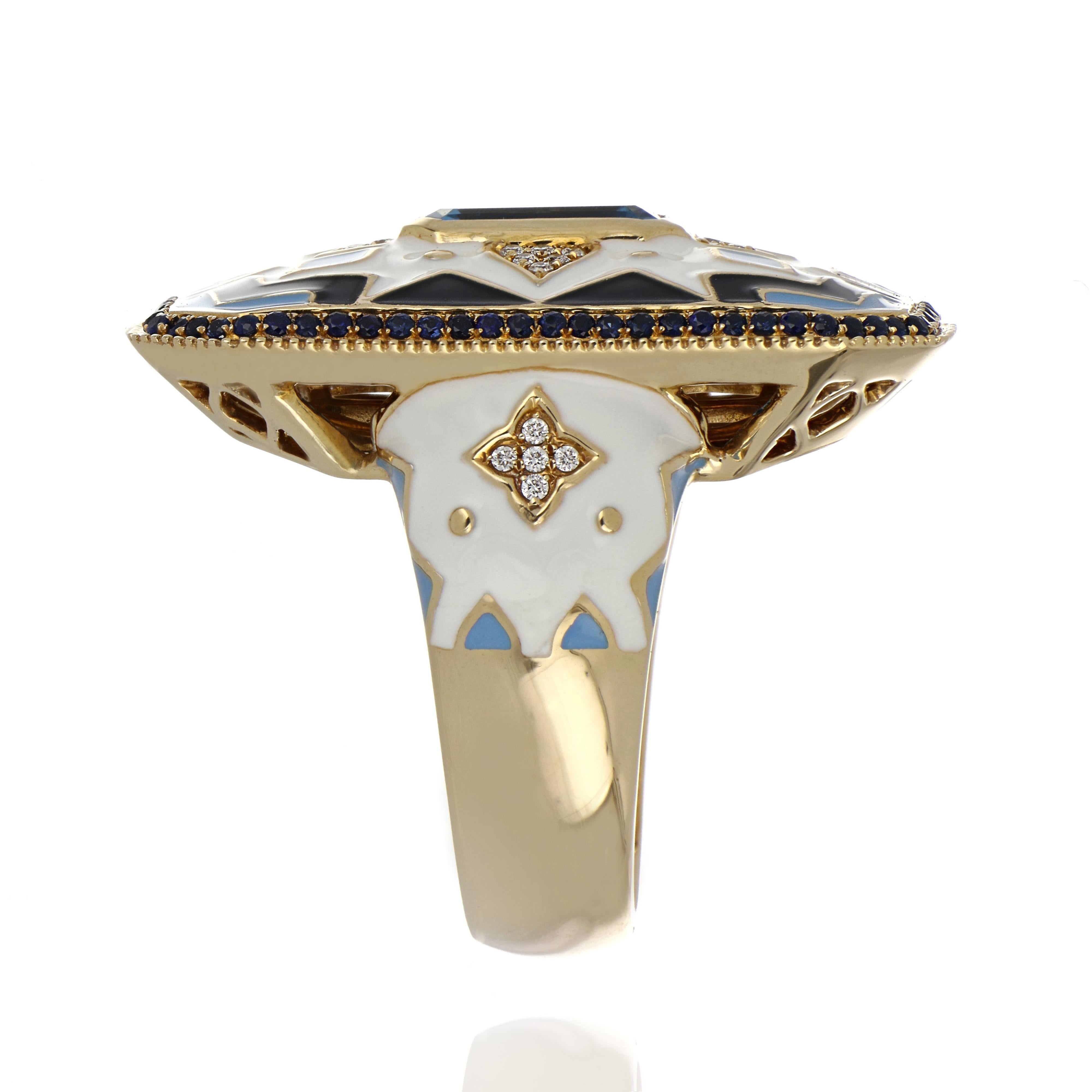 Octagon Cut Blue Topaz, Sapphire Studded Enamel Ring with Diamonds in 14 Karat Gold For Sale