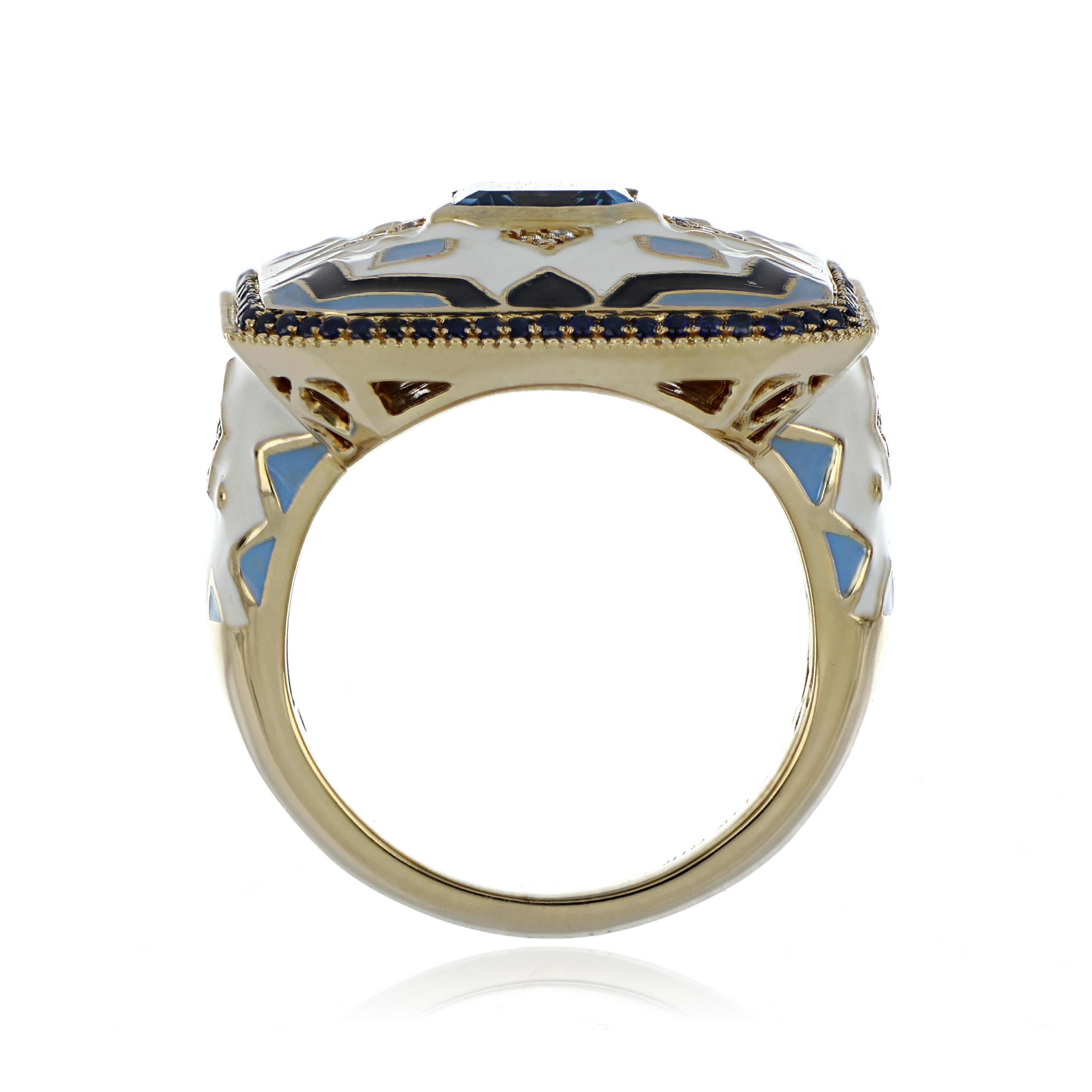 Blue Topaz, Sapphire Studded Enamel Ring with Diamonds in 14 Karat Gold In New Condition For Sale In JAIPUR, IN