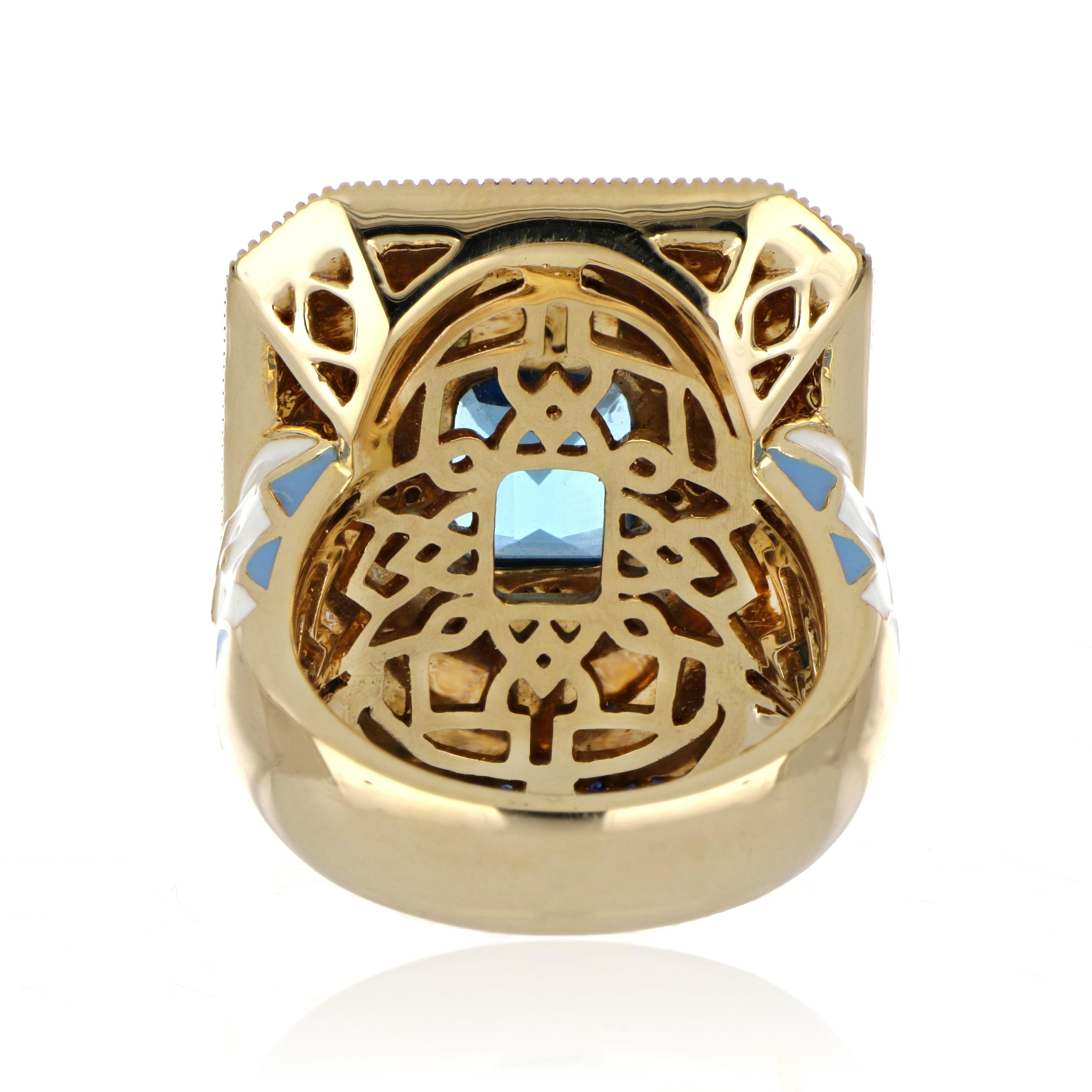 Women's Blue Topaz, Sapphire Studded Enamel Ring with Diamonds in 14 Karat Gold For Sale