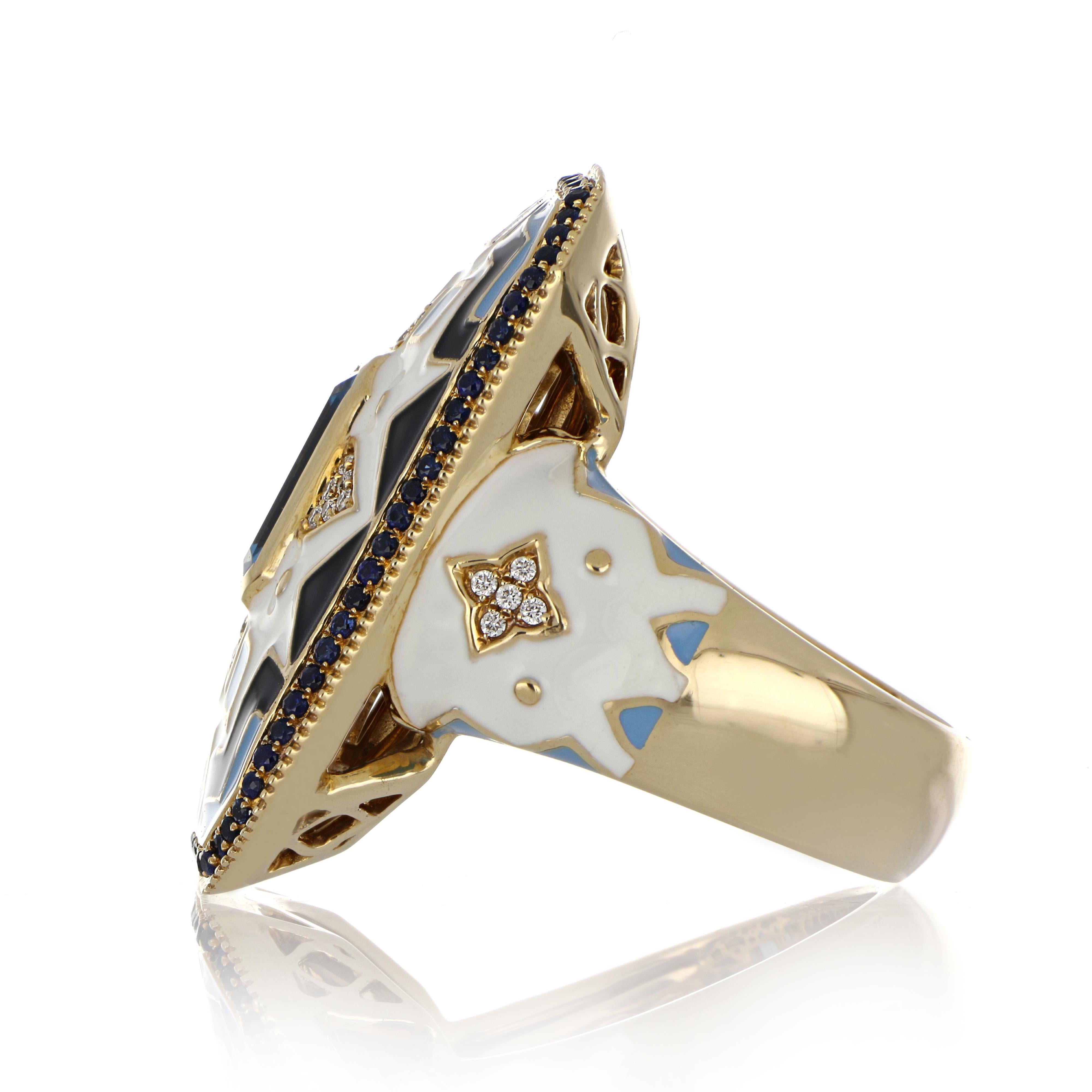 Blue Topaz, Sapphire Studded Enamel Ring with Diamonds in 14 Karat Gold For Sale 2
