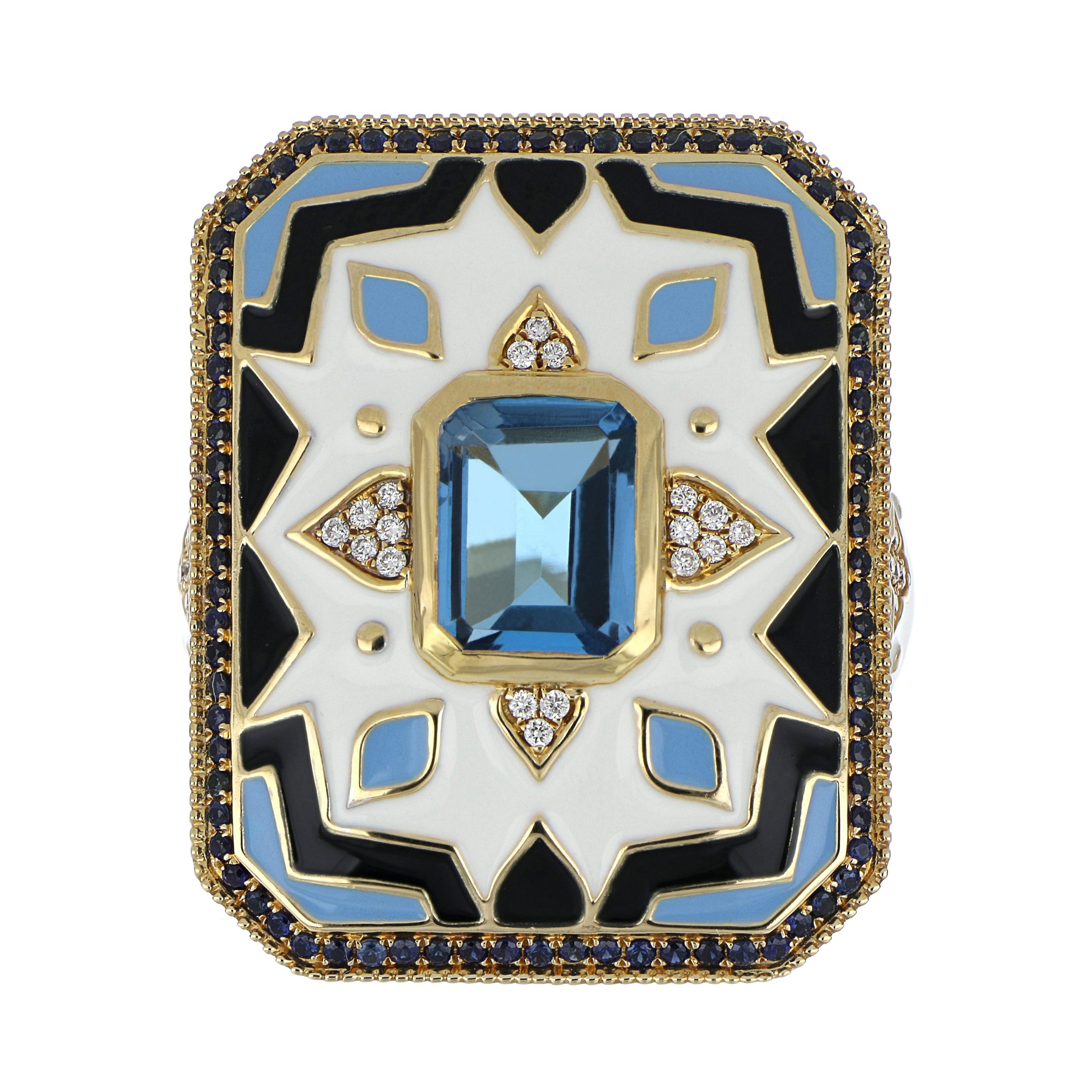 Bague en or 14 carats avec topaze bleue, saphir et émail serti de diamants