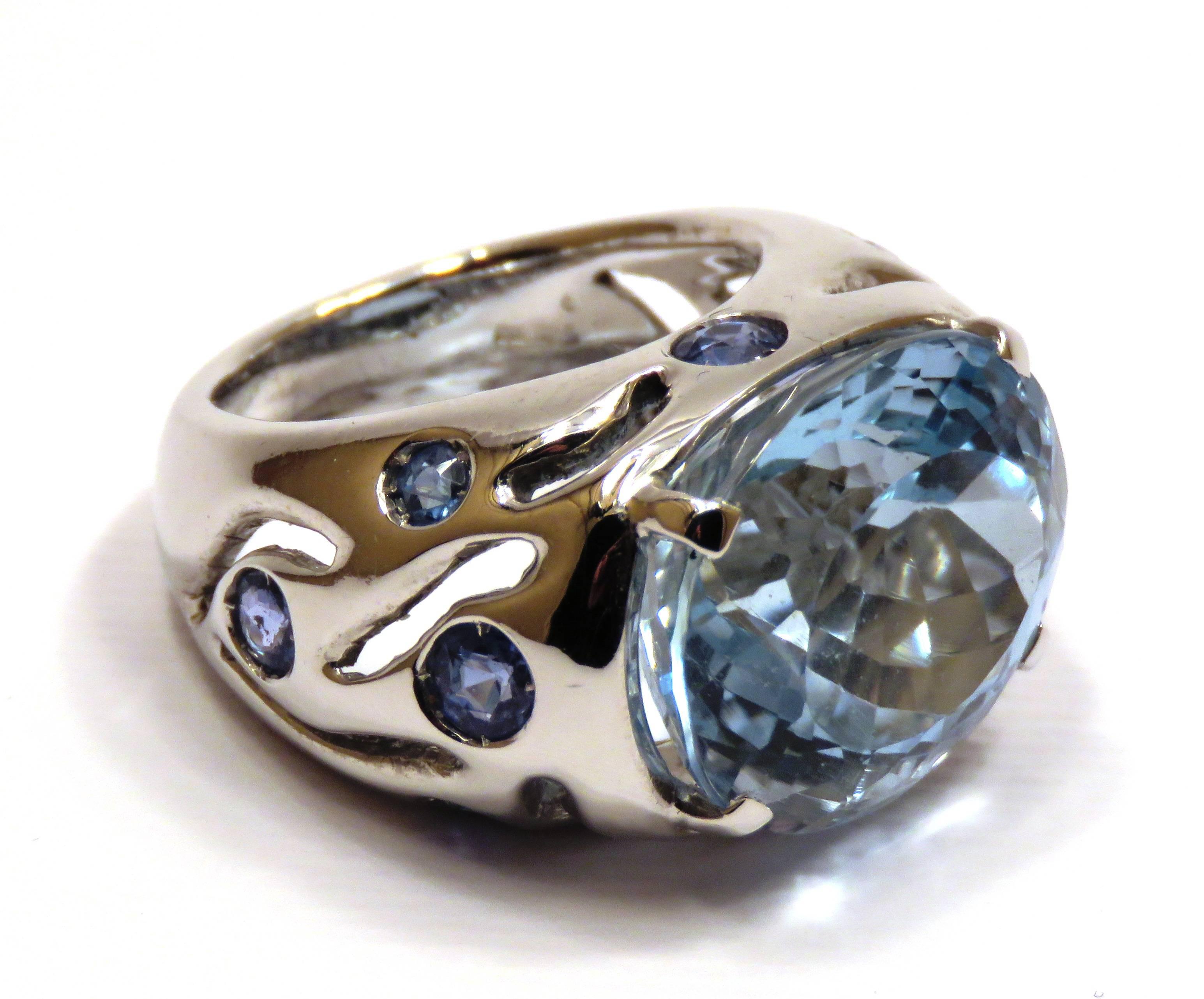 Modern Blue Topaz Sapphires White Gold Cocktail Ring Handmade In Italy