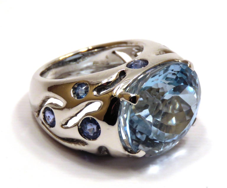 Blue Topaz Sapphires White Gold Cocktail Ring Handmade In Italy For ...