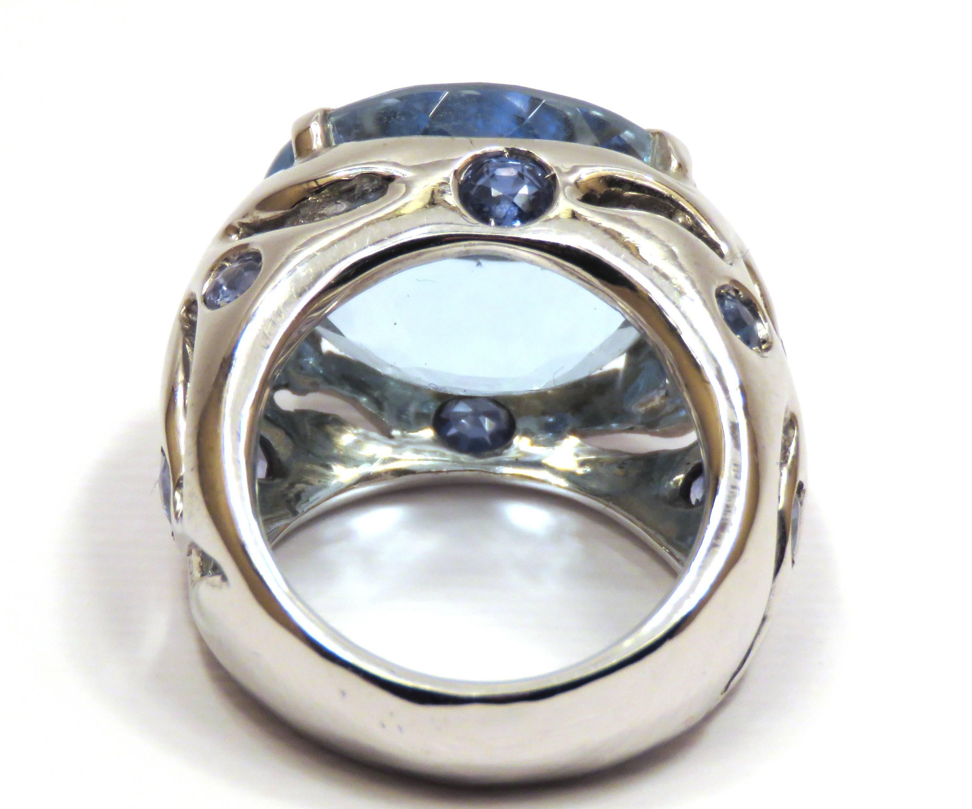 Blue Topaz Sapphires White Gold Cocktail Ring Handmade In Italy 1