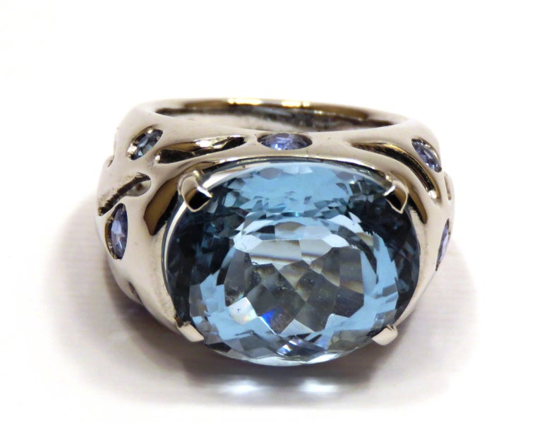 Blue Topaz Sapphires White Gold Cocktail Ring Handmade In Italy For ...