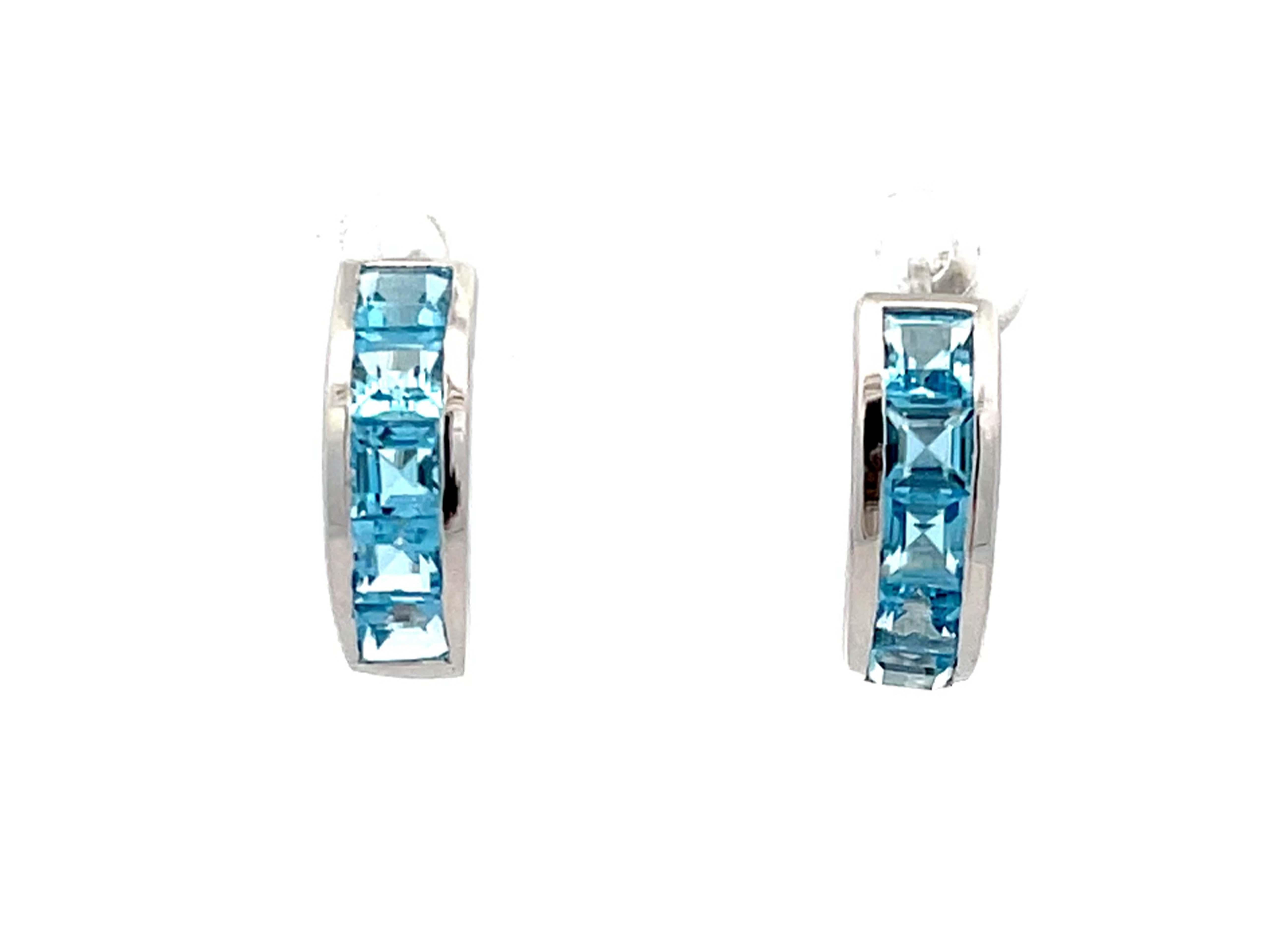 Modern Blue Topaz Small 14K White Gold Hoop Earrings For Sale