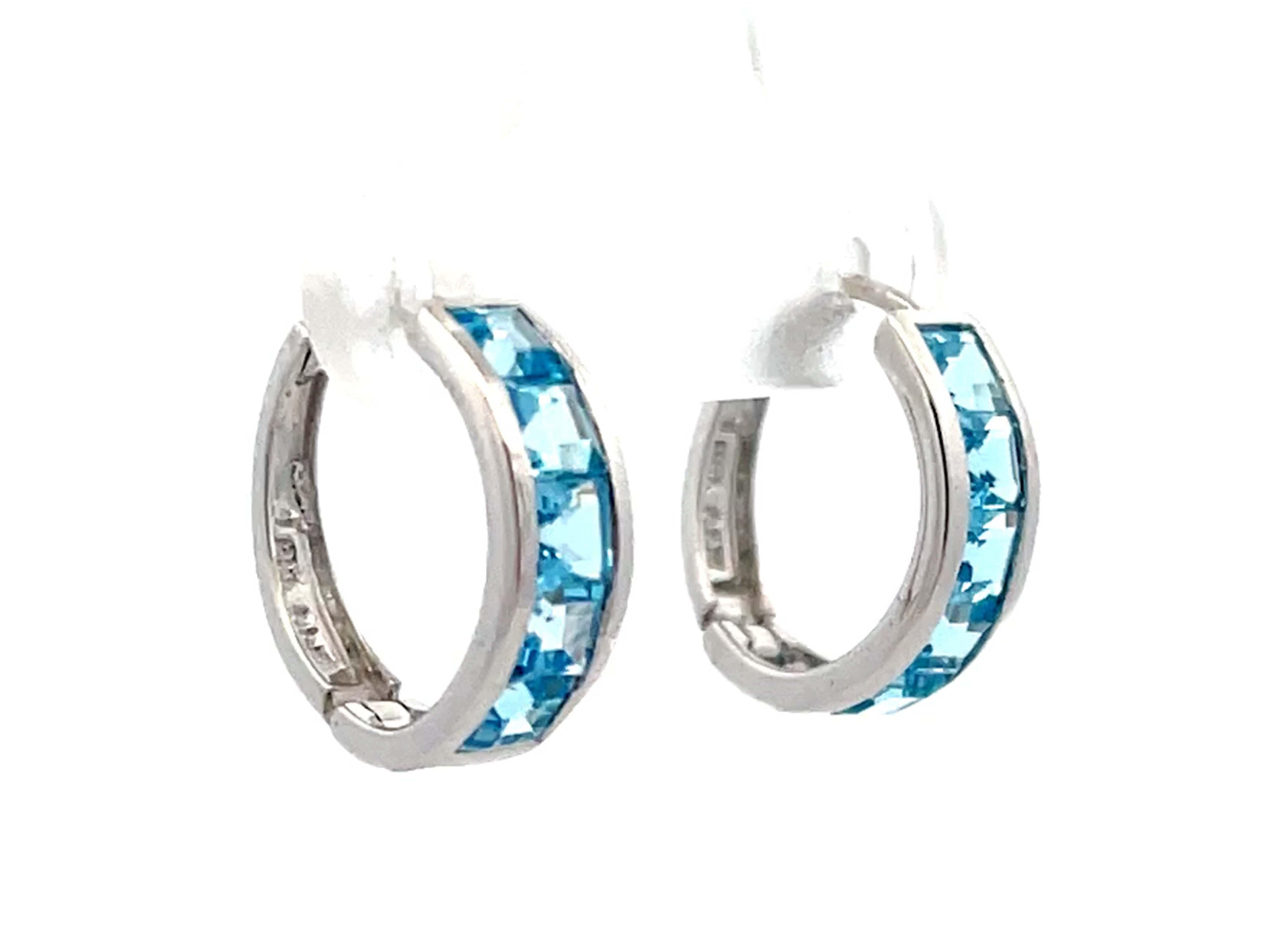 Emerald Cut Blue Topaz Small 14K White Gold Hoop Earrings For Sale