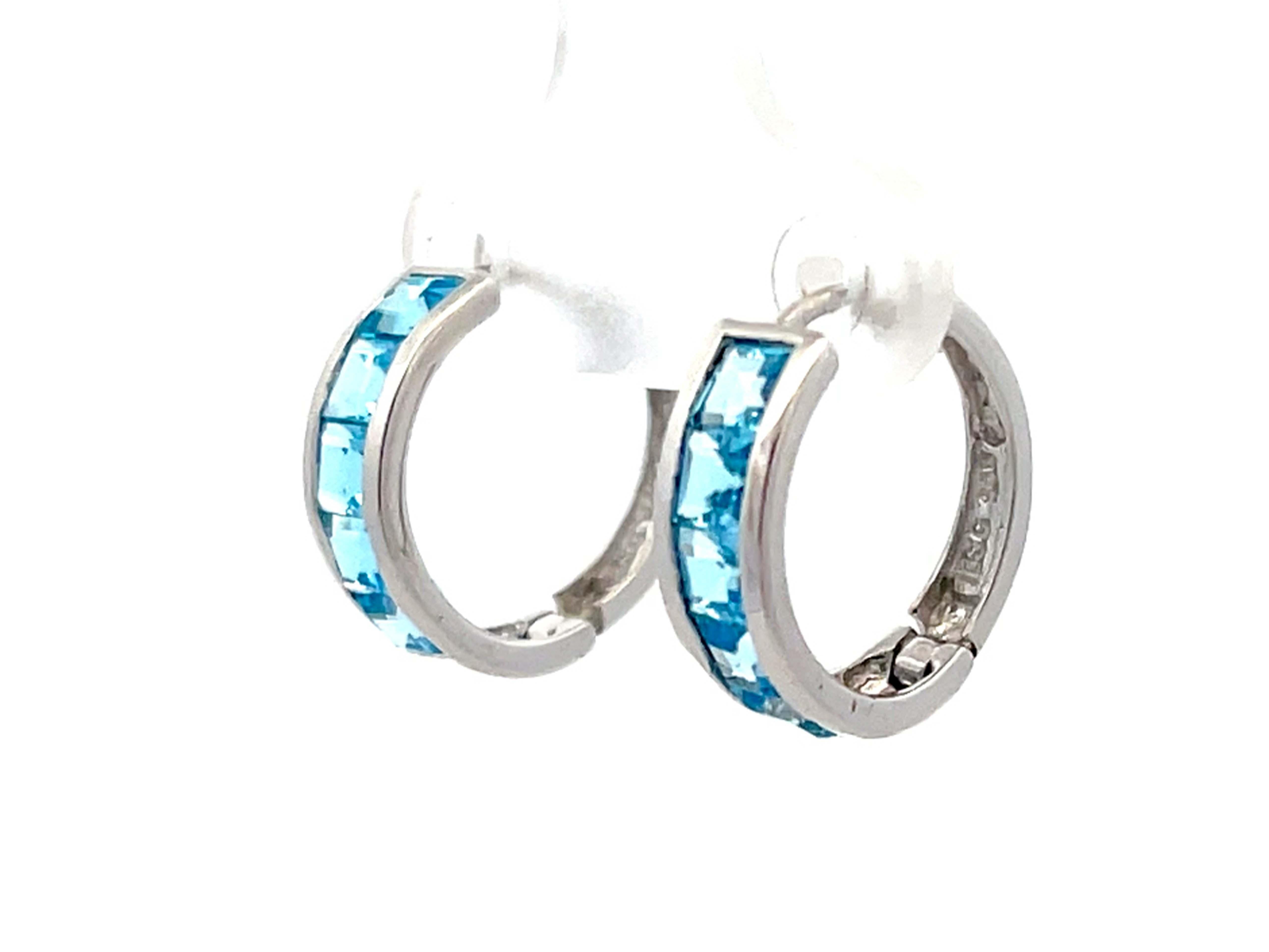 Blue Topaz Small 14K White Gold Hoop Earrings In New Condition For Sale In Honolulu, HI