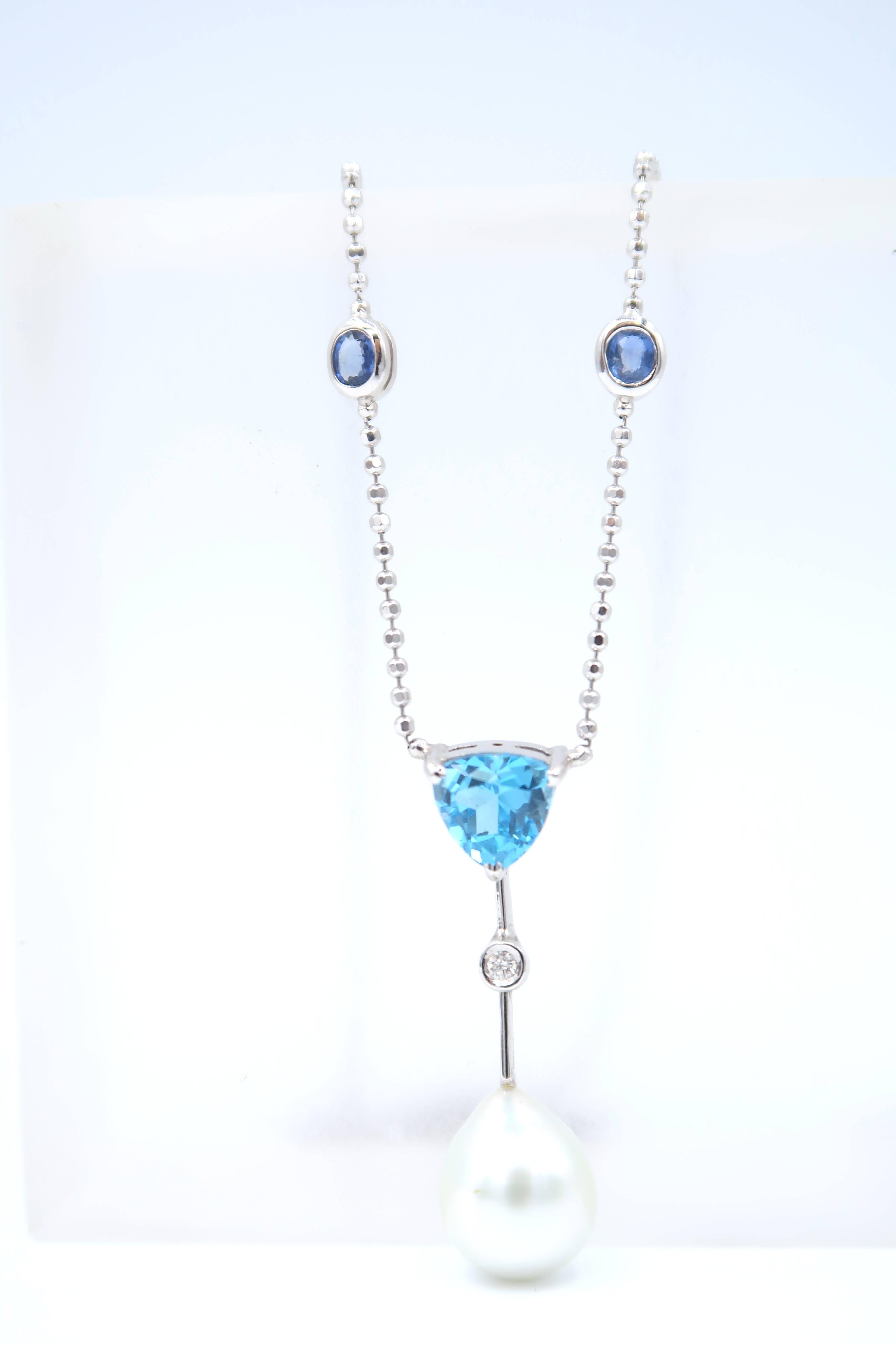 Mixed Cut Blue Topaz South Sea Pearl Diamond Sapphire Gold Chain Drop Adjustable Necklace For Sale