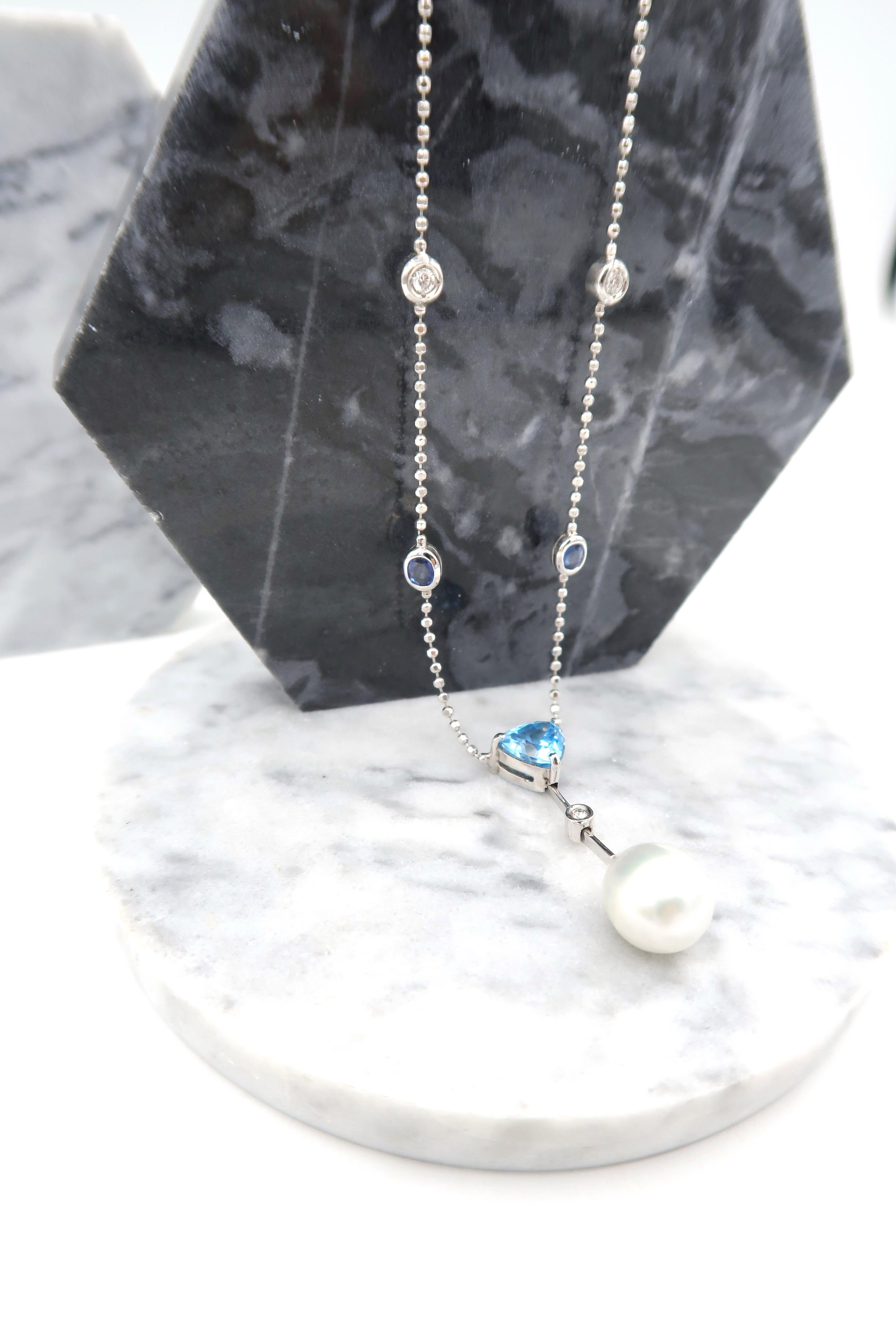 Blue Topaz South Sea Pearl Diamond Sapphire Gold Chain Drop Adjustable Necklace In New Condition For Sale In Bangkok, TH