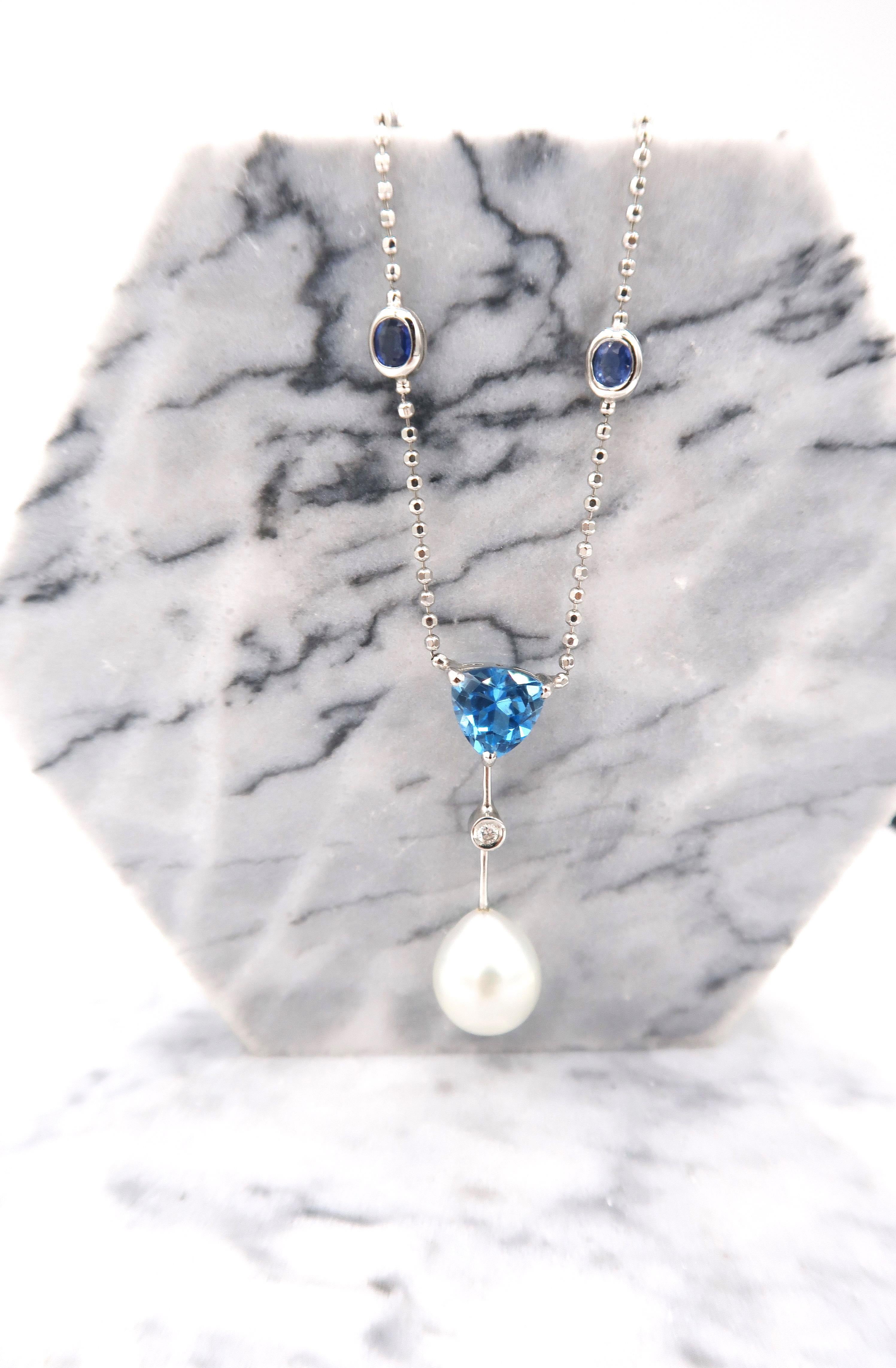 Women's Blue Topaz South Sea Pearl Diamond Sapphire Gold Chain Drop Adjustable Necklace For Sale