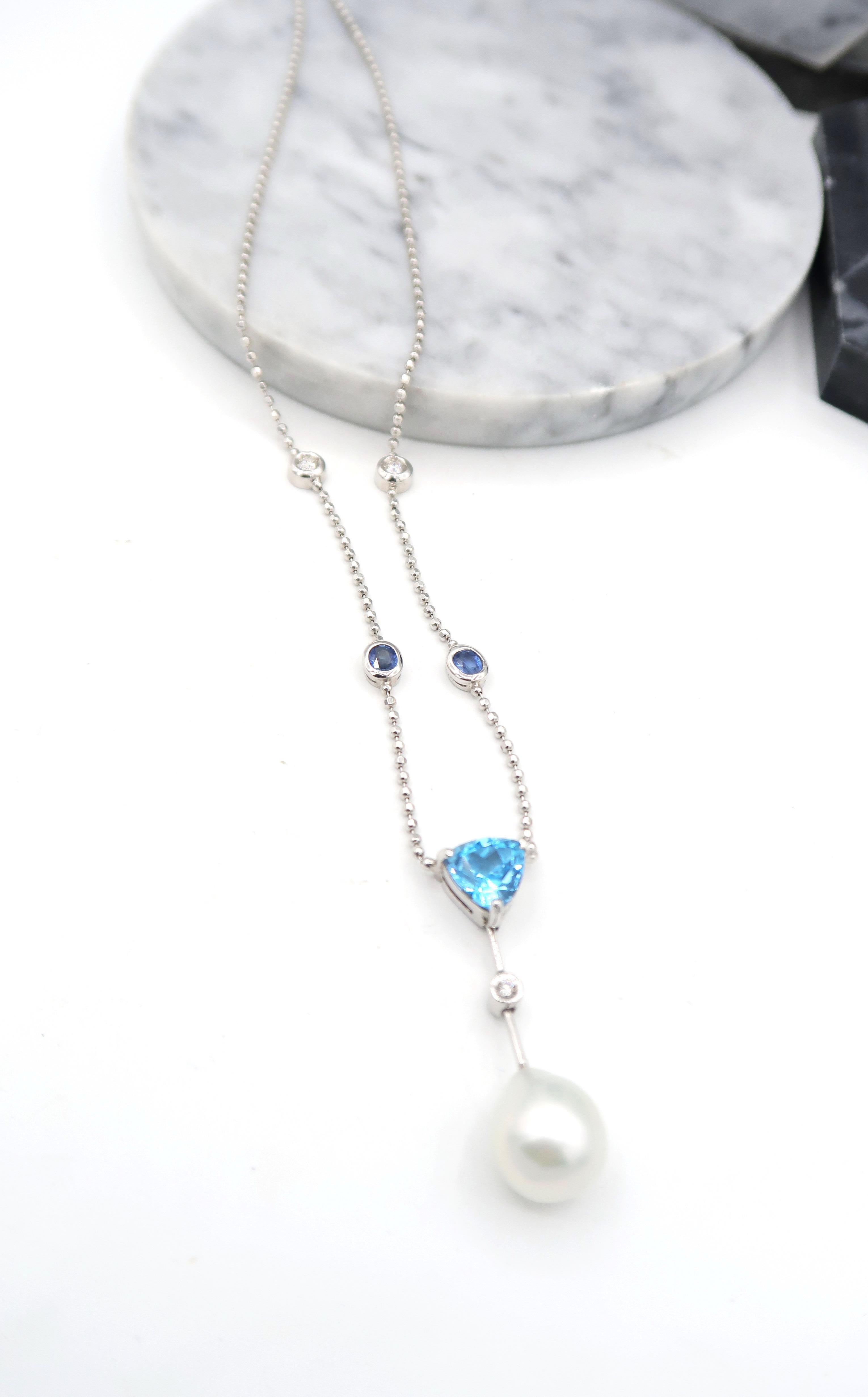 Blue Topaz South Sea Pearl Diamond Sapphire Gold Chain Drop Adjustable Necklace For Sale 1