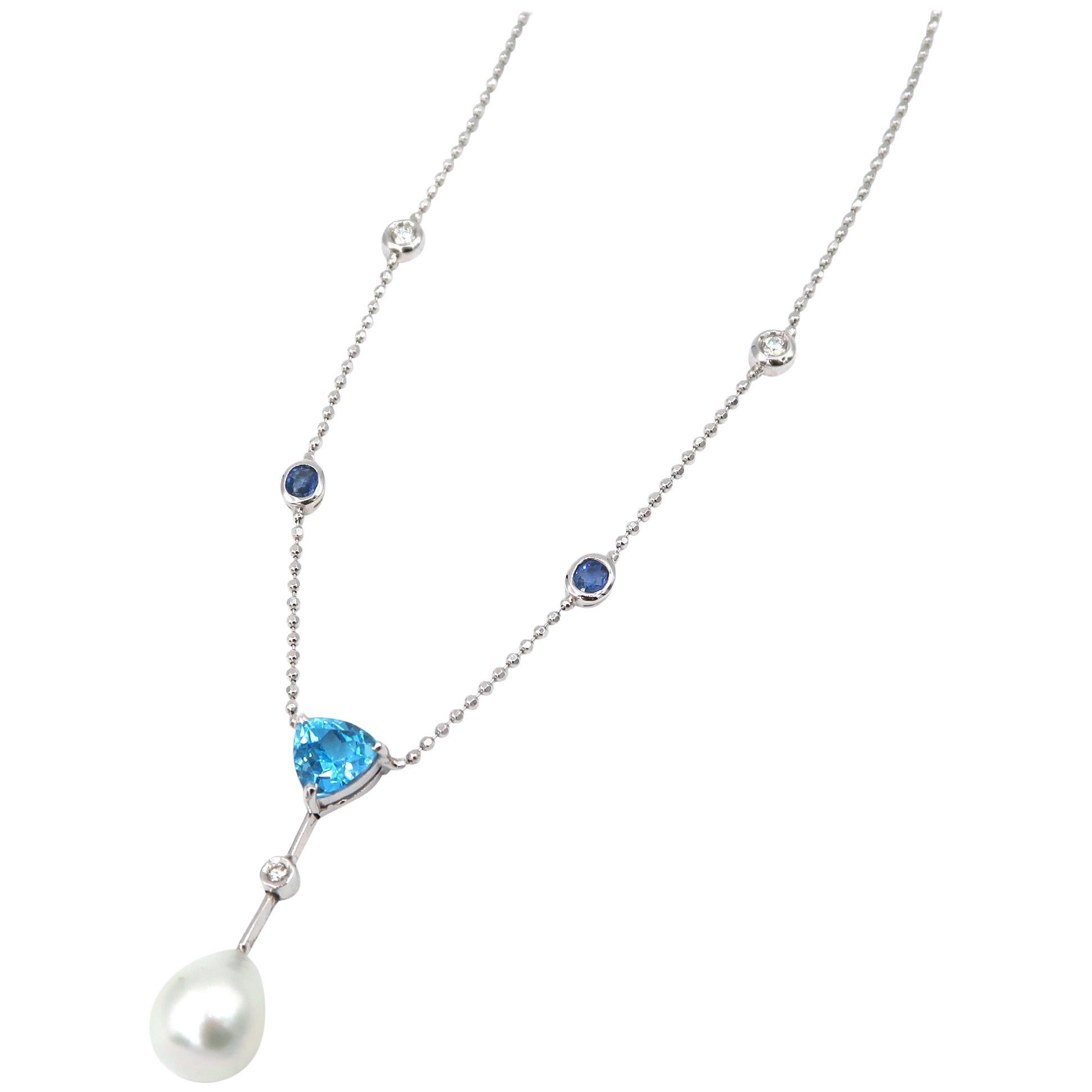 Blue Topaz South Sea Pearl Diamond Sapphire Gold Chain Drop Adjustable Necklace For Sale