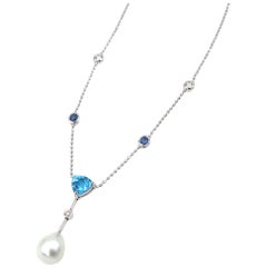Blue Topaz South Sea Pearl Diamond Sapphire Gold Chain Drop Adjustable Necklace