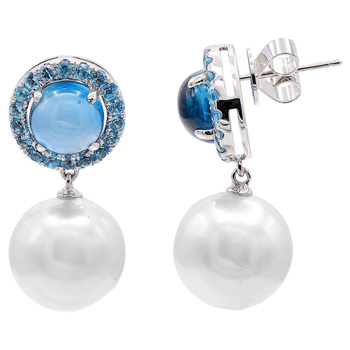 Blue Topaz South Sea Pearl Drop Earrings 6 Carat 18 Karat White Gold For Sale