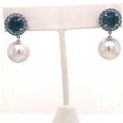 Blue Topaz South Sea Pearl Drop Earrings 6 Carat 18 Karat White Gold