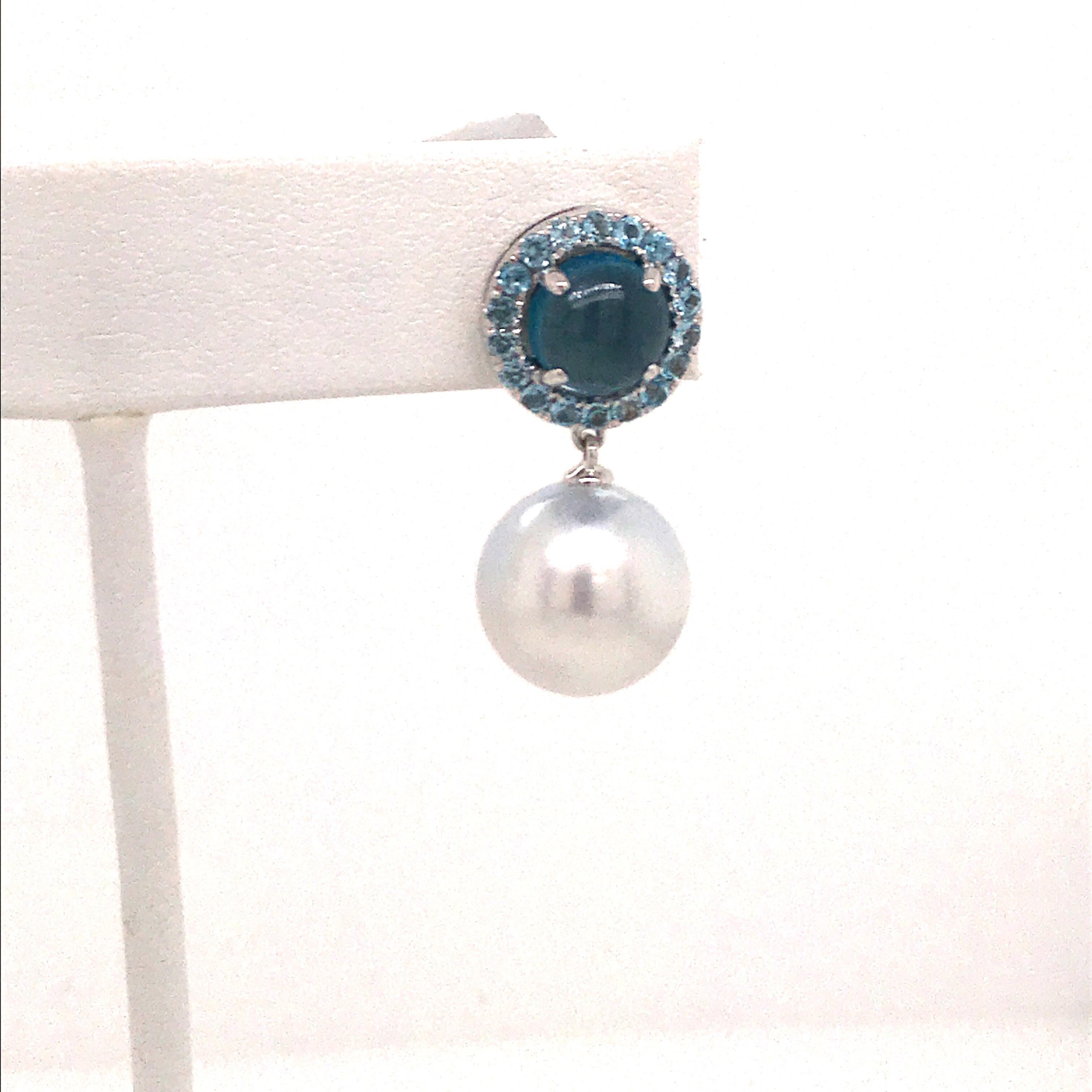 Contemporary Blue Topaz South Sea Pearl Drop Earrings 6 Carat 18 Karat White Gold For Sale