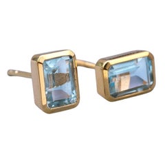 Blue Topaz Stud Earrings 14K Yellow Gold Emerald Cut