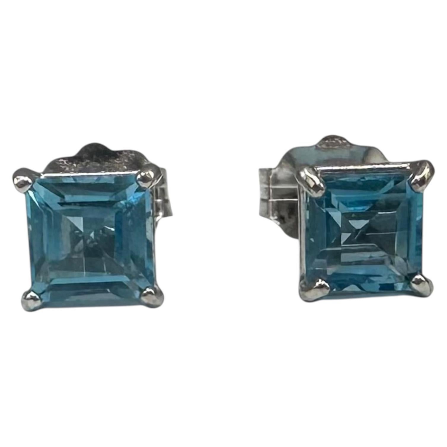 Blue Topaz Stud Earrings 14kt White Gold 4mm Emerald Cut Estate