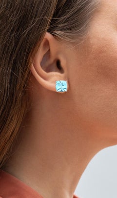 Blue Topaz Stud Earrings 6.8 Carats Rhodium Plated Silver