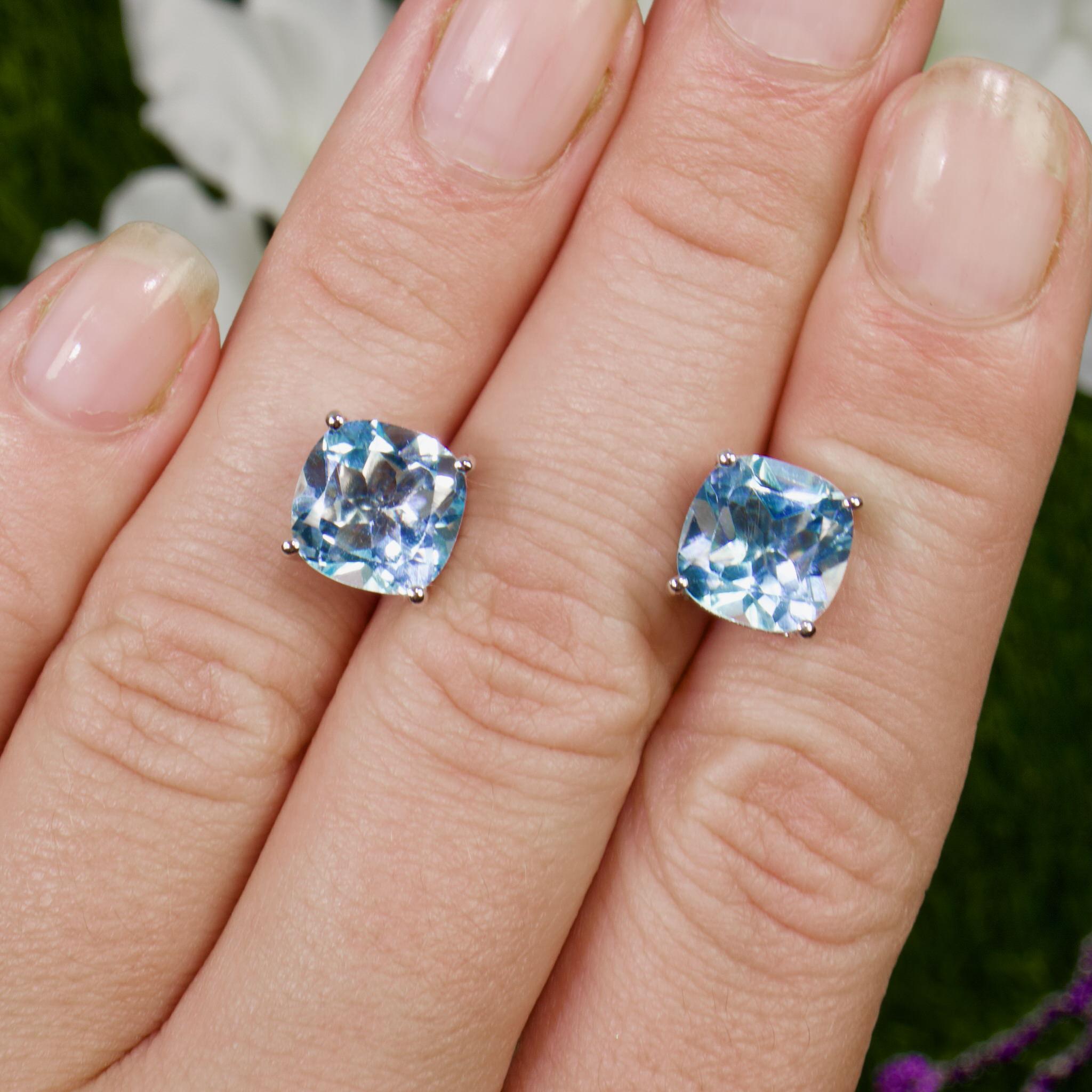 Contemporary Blue Topaz Stud Earrings 6.8 Carats Rhodium Plated Silver For Sale