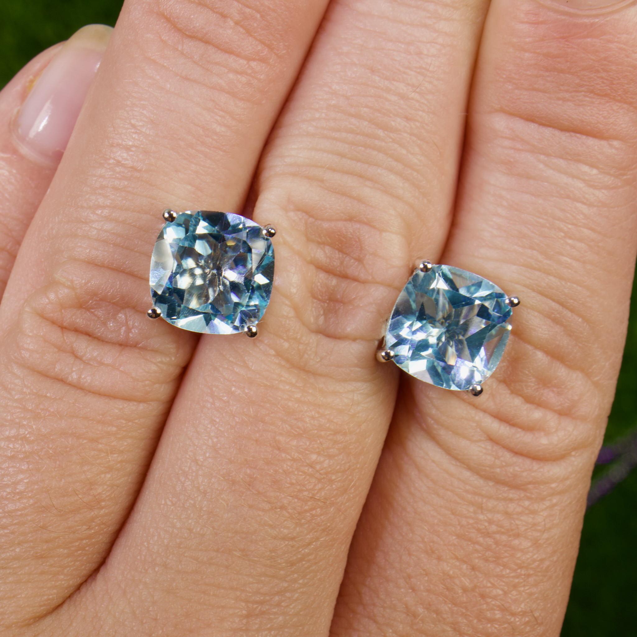 Cushion Cut Blue Topaz Stud Earrings 6.8 Carats Rhodium Plated Silver For Sale