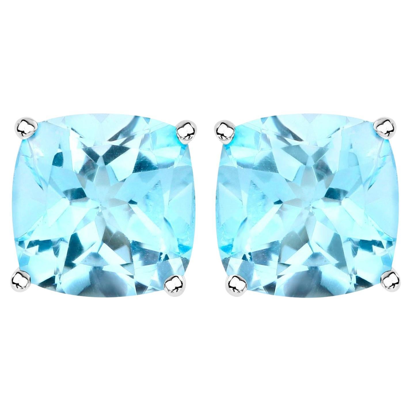Blue Topaz Stud Earrings 6.8 Carats Rhodium Plated Silver For Sale