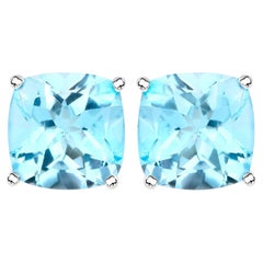 Blue Topaz Stud Earrings 6.8 Carats Rhodium Plated Silver