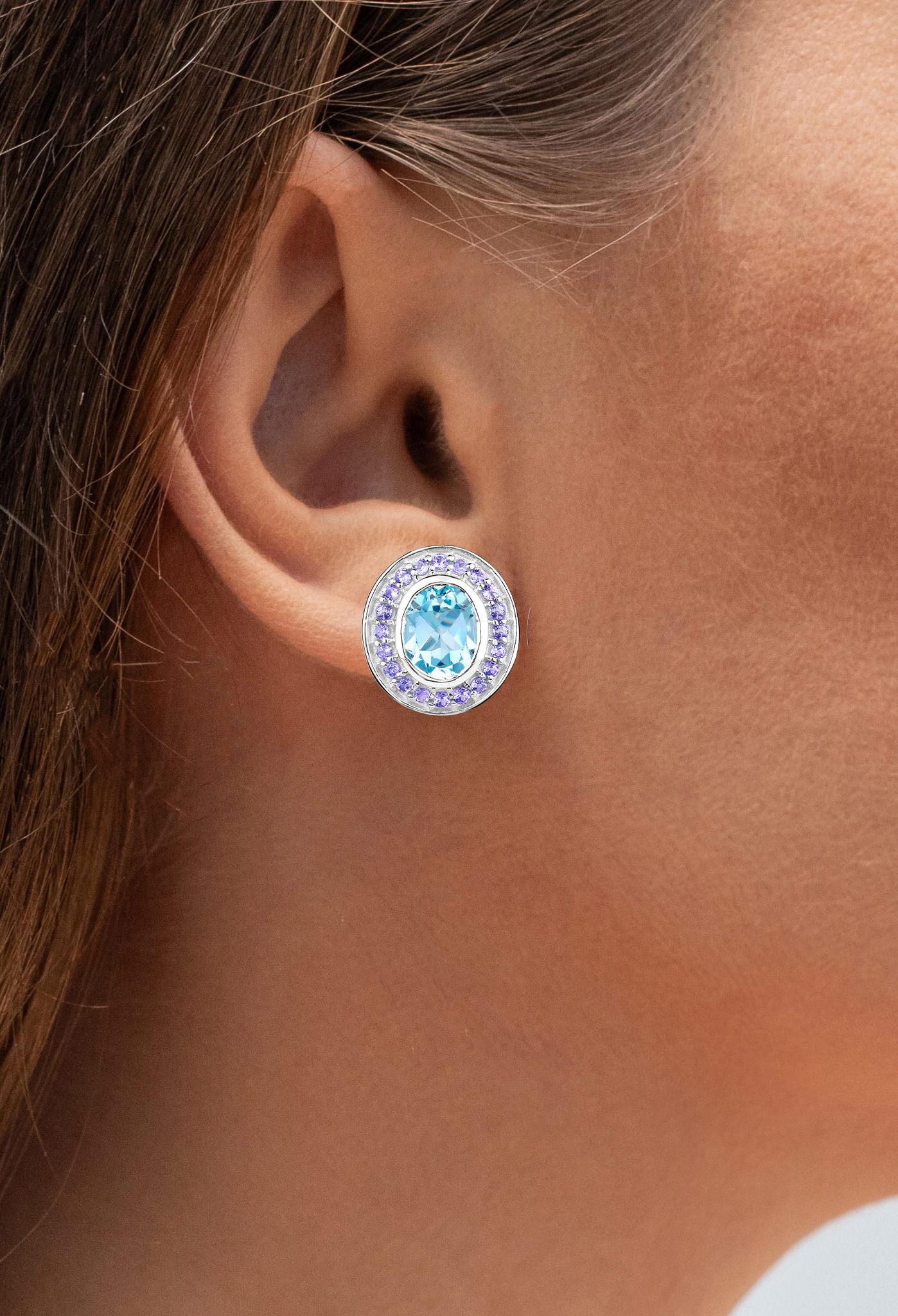 Taglio ovale Orecchini di Topazio Blu Tanzanite 6,2 Carati Placcati in Oro 18K A. Silver in vendita