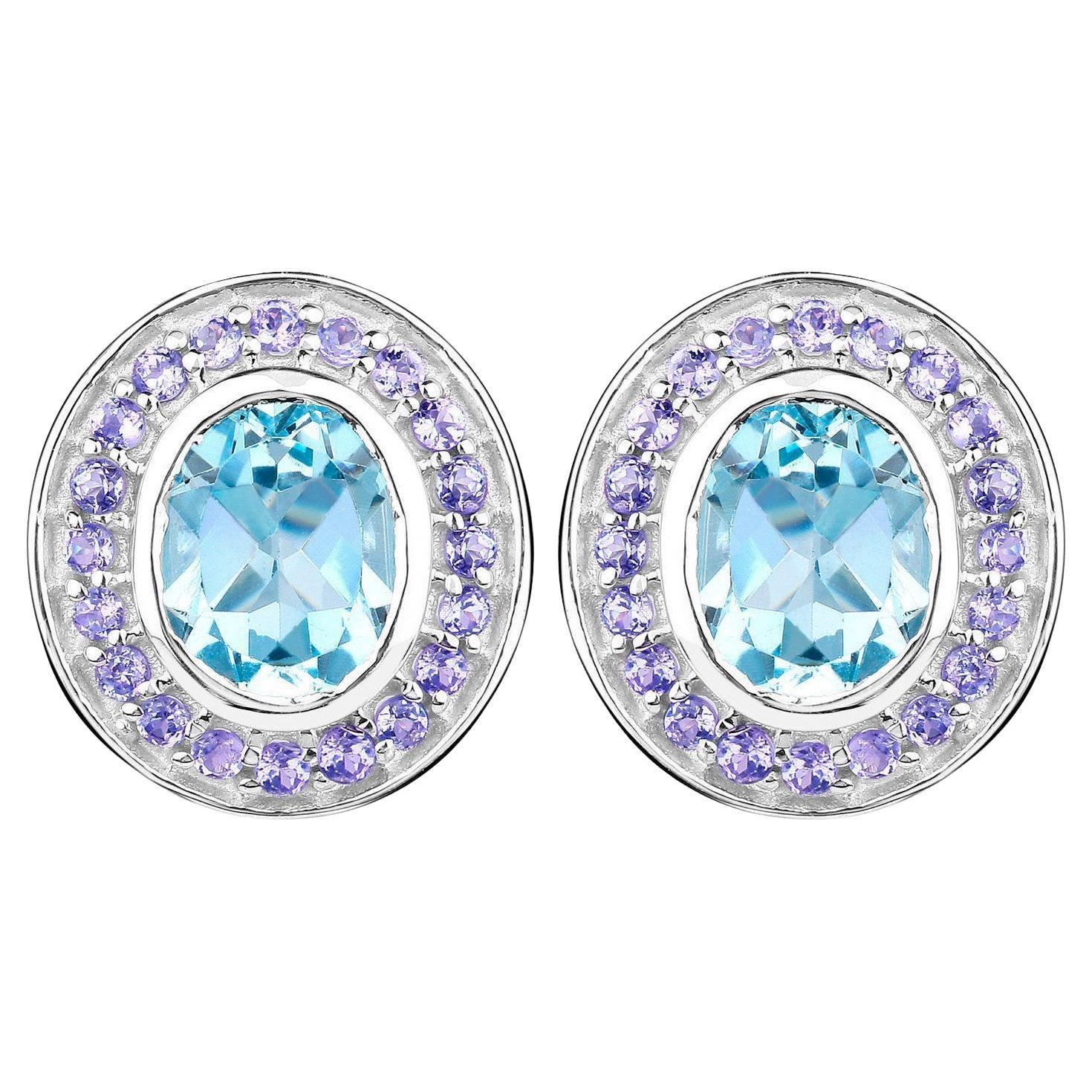 Blue Topaz Stud Earrings Tanzanite 6.2 Carats 18K Gold Plated Silver For Sale