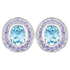 Blue Topaz Stud Earrings Tanzanite 6.2 Carats 18K Gold Plated Silver