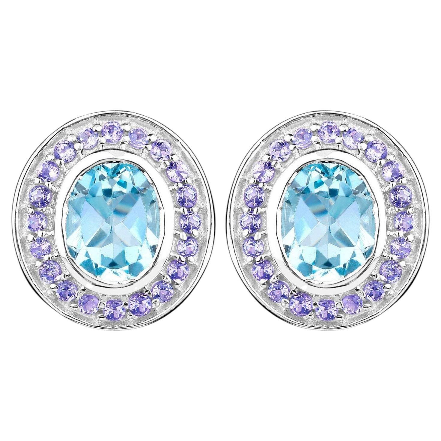 Blue Topaz Stud Earrings Tanzanite 6.2 Carats 18K Gold Plated Silver