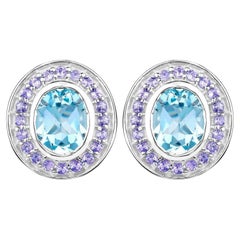 Blue Topaz Stud Earrings Tanzanite 6.2 Carats 18K Gold Plated Silver