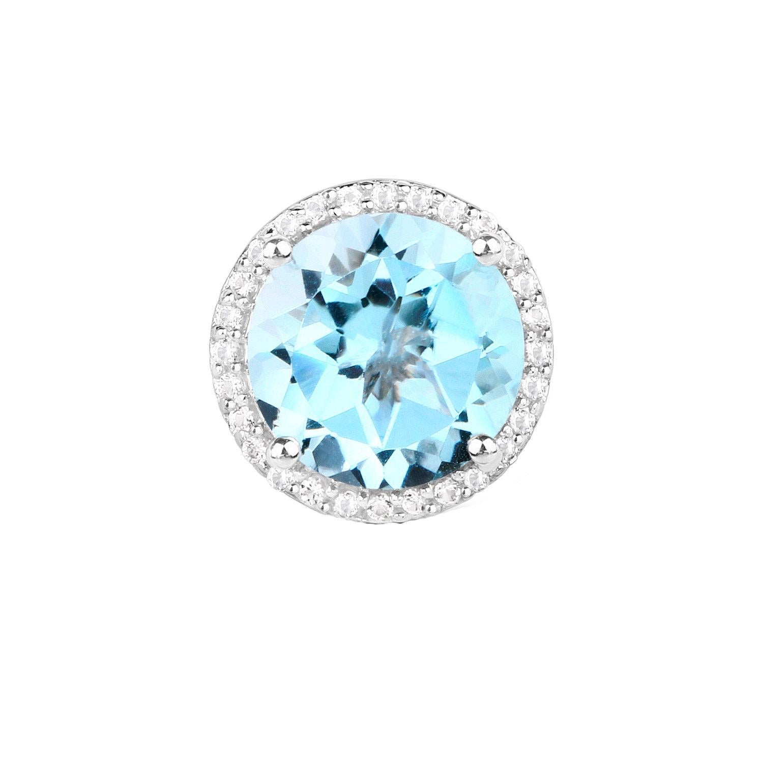 Round Cut Blue Topaz Stud Earrings White Topaz Halo 7.7 Carats Rhodium Plated Silver For Sale