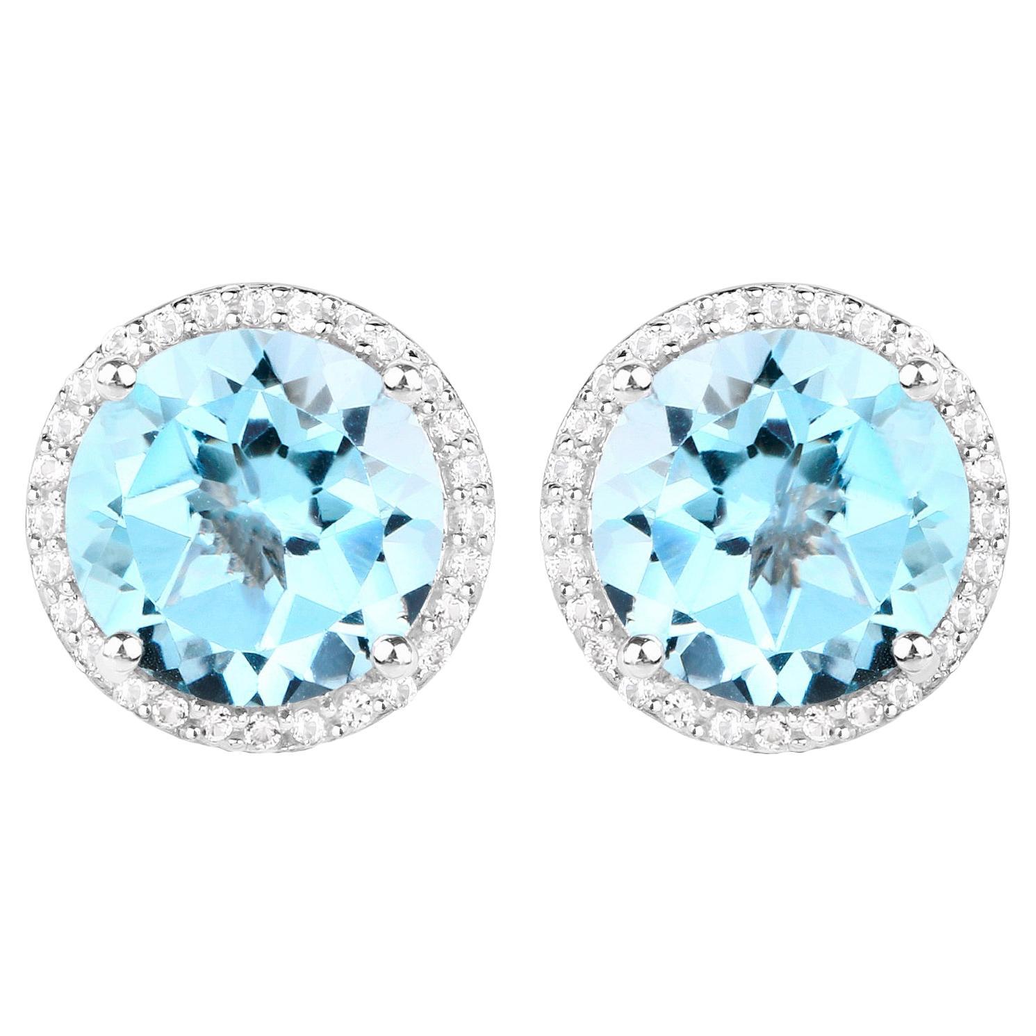 Blue Topaz Stud Earrings White Topaz Halo 7.7 Carats Rhodium Plated Silver For Sale