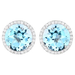 Blue Topaz Stud Earrings White Topaz Halo 7.7 Carats Rhodium Plated Silver