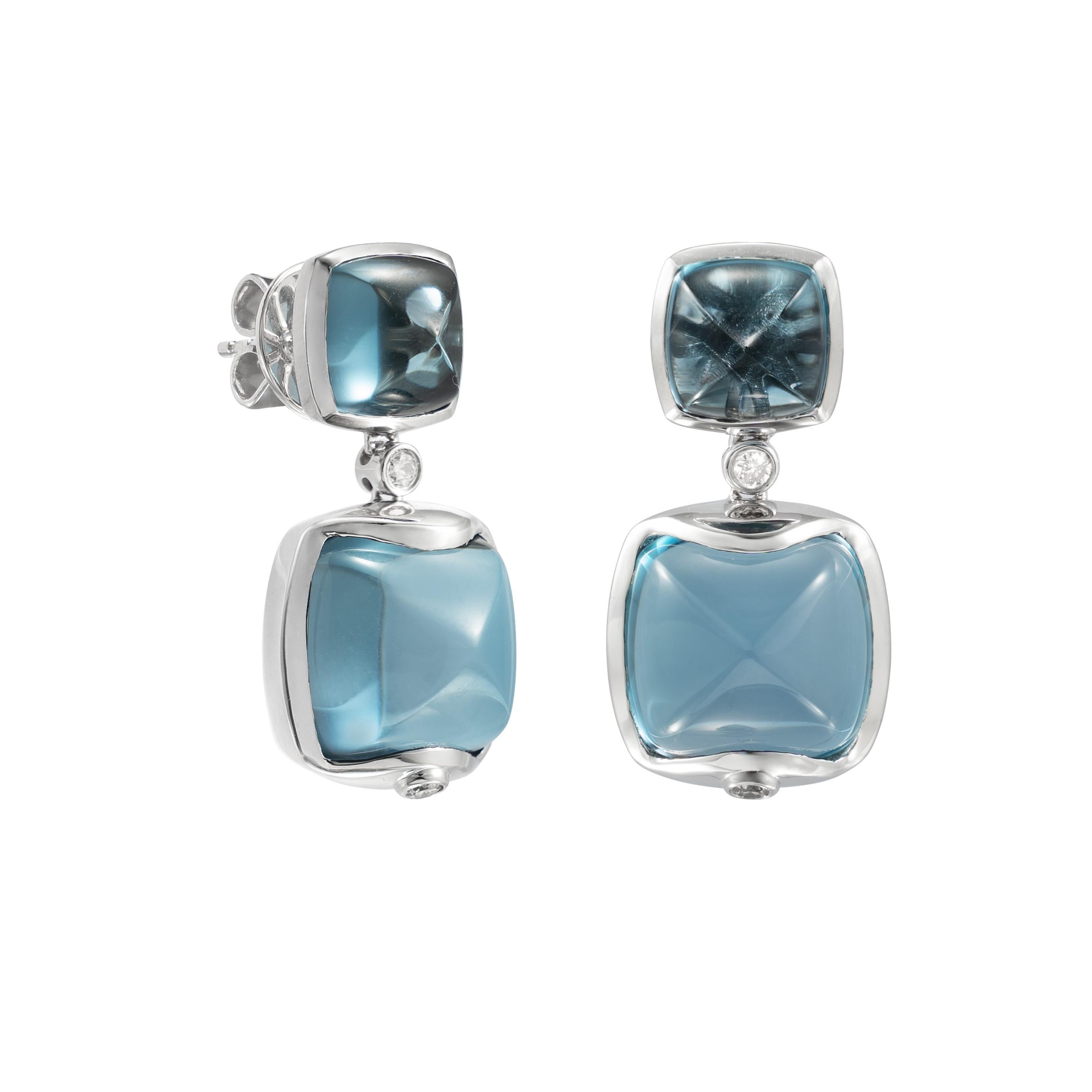 Contemporary Blue Topaz Sugarloaf Earrings with Diamond in 18 Karat White Gold For Sale