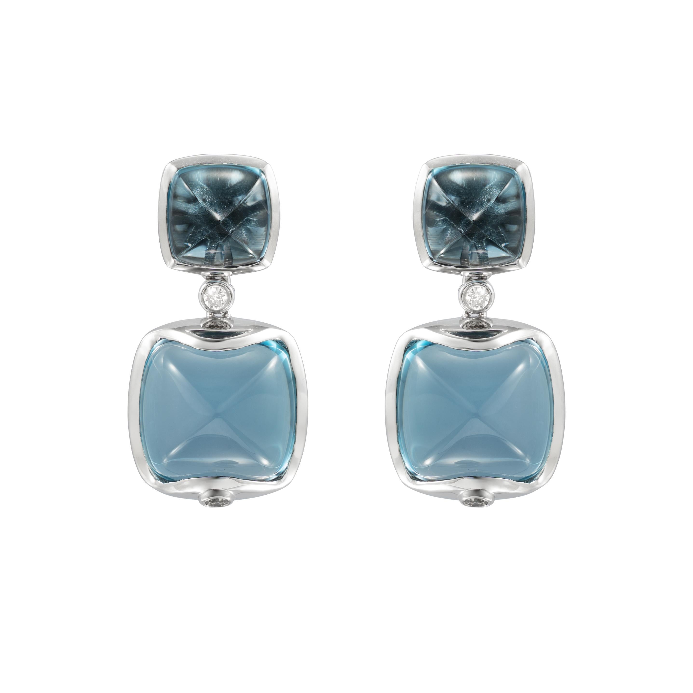 Sugarloaf Cabochon Blue Topaz Sugarloaf Earrings with Diamond in 18 Karat White Gold For Sale
