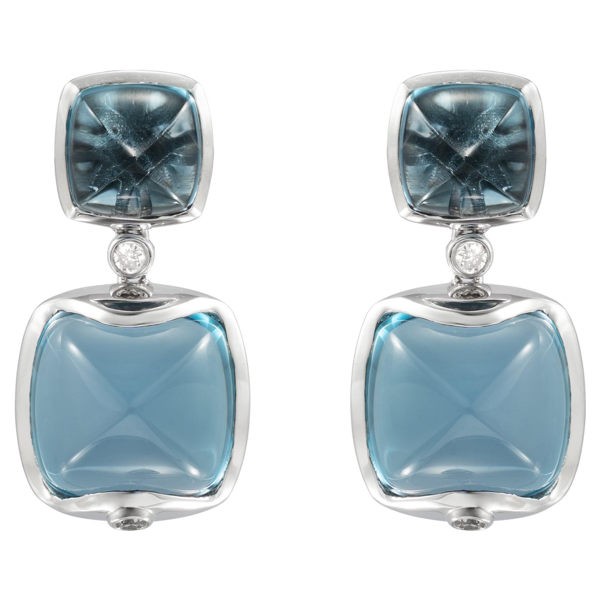 Blue Topaz Sugarloaf Earrings with Diamond in 18 Karat White Gold