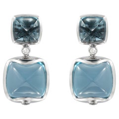 Blue Topaz Sugarloaf Earrings with Diamond in 18 Karat White Gold