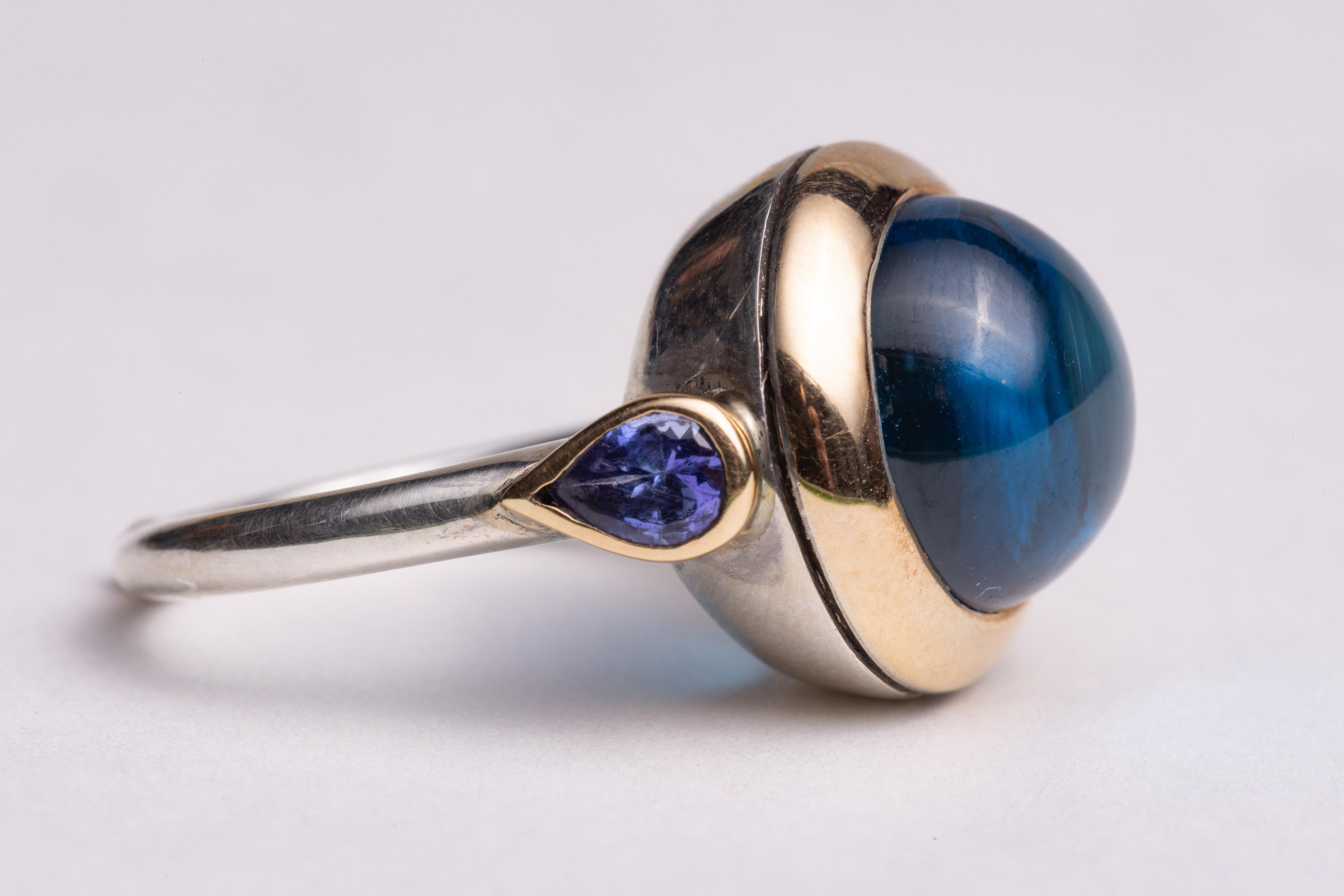 Cabochon Blue Topaz, Tanzanite and 18K Gold and Sterling Silver Ring For Sale