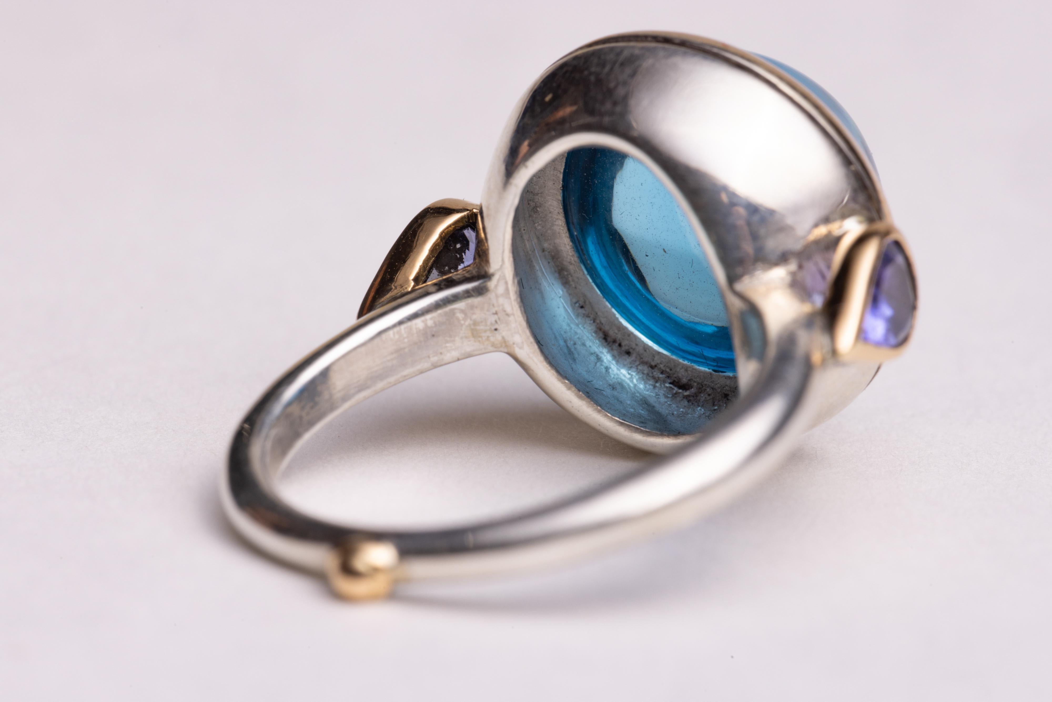 Blue Topaz, Tanzanite and 18K Gold and Sterling Silver Ring In Excellent Condition For Sale In Nantucket, MA