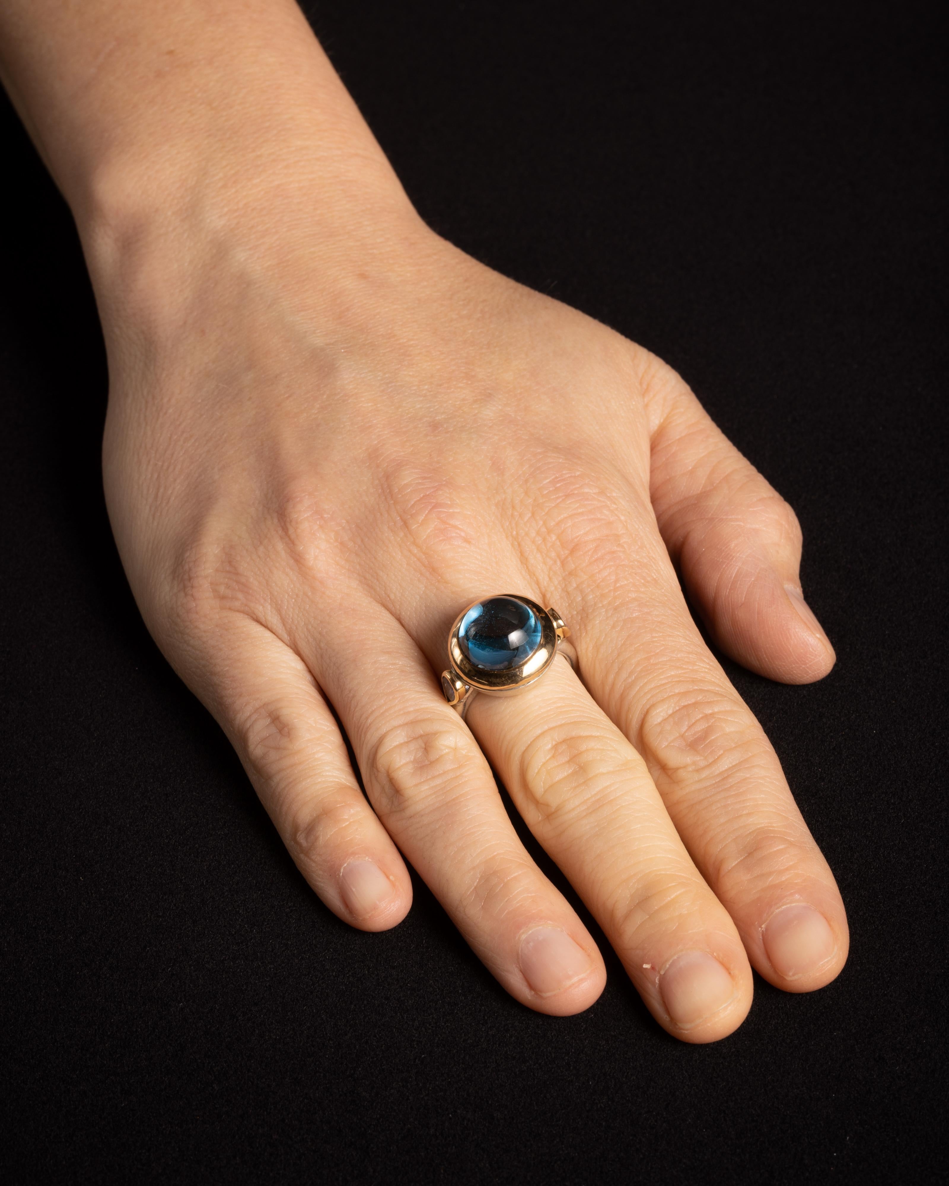 Women's or Men's Blue Topaz, Tanzanite and 18K Gold and Sterling Silver Ring For Sale