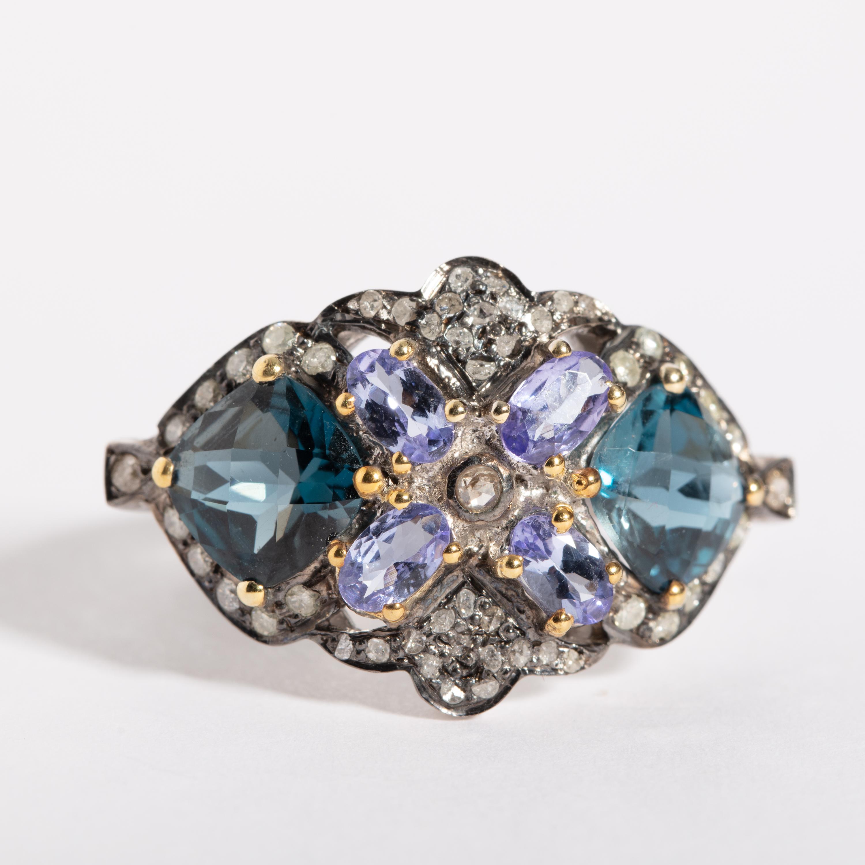 Blue Topaz, Tanzanite and Diamond Cocktail Ring In Excellent Condition In Nantucket, MA