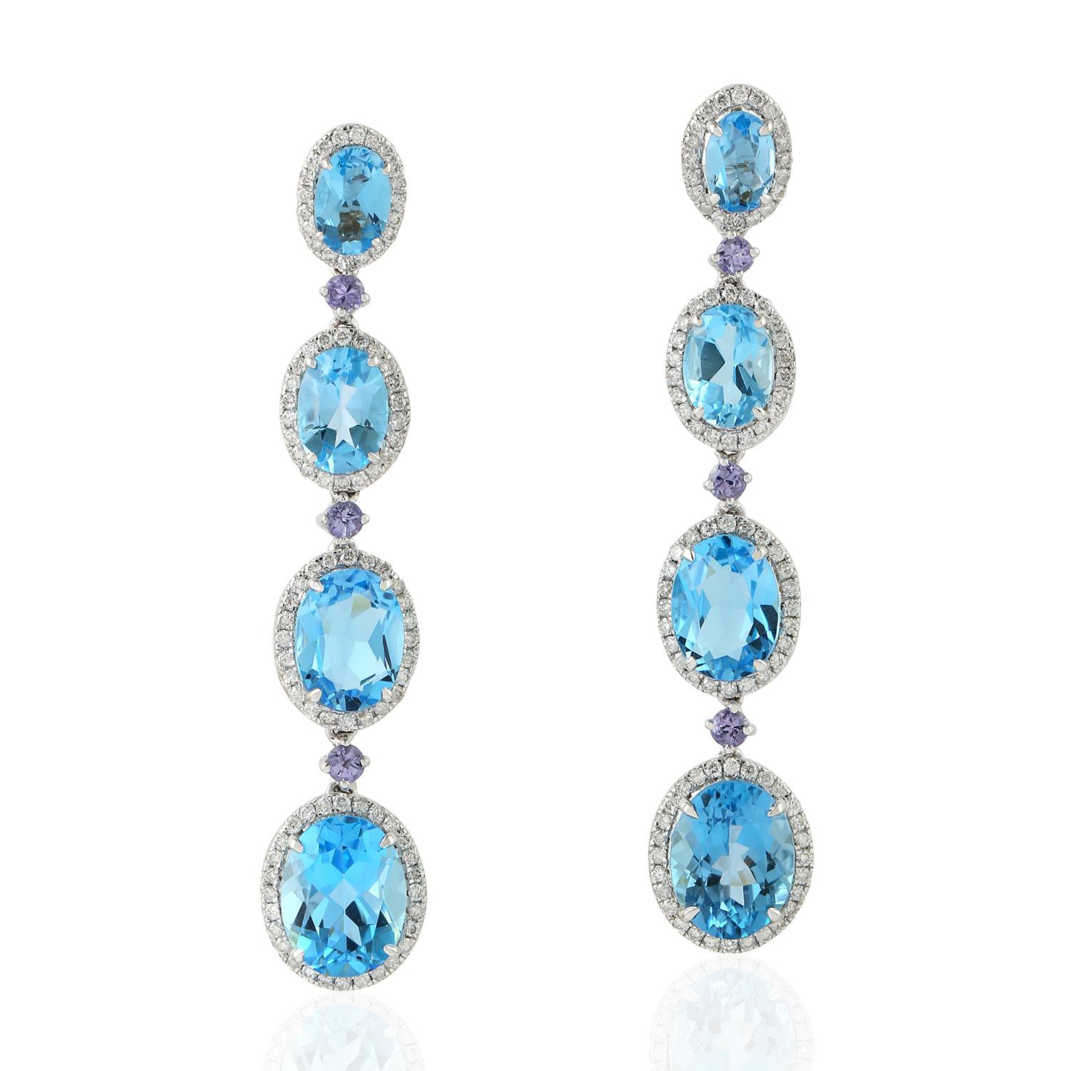 Contemporary Blue Topaz Tanzanite Diamond 18 Karat Gold Linear Earrings For Sale