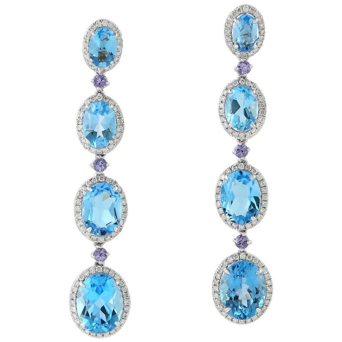 Boucles d'oreilles linéaires en or 18 carats avec topaze bleue, tanzanite et diamant